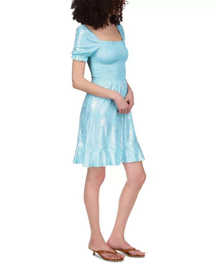 Michael Kors Foil-Print Smocked Peasant Dress Turquoise Blue Size S MSRP $125