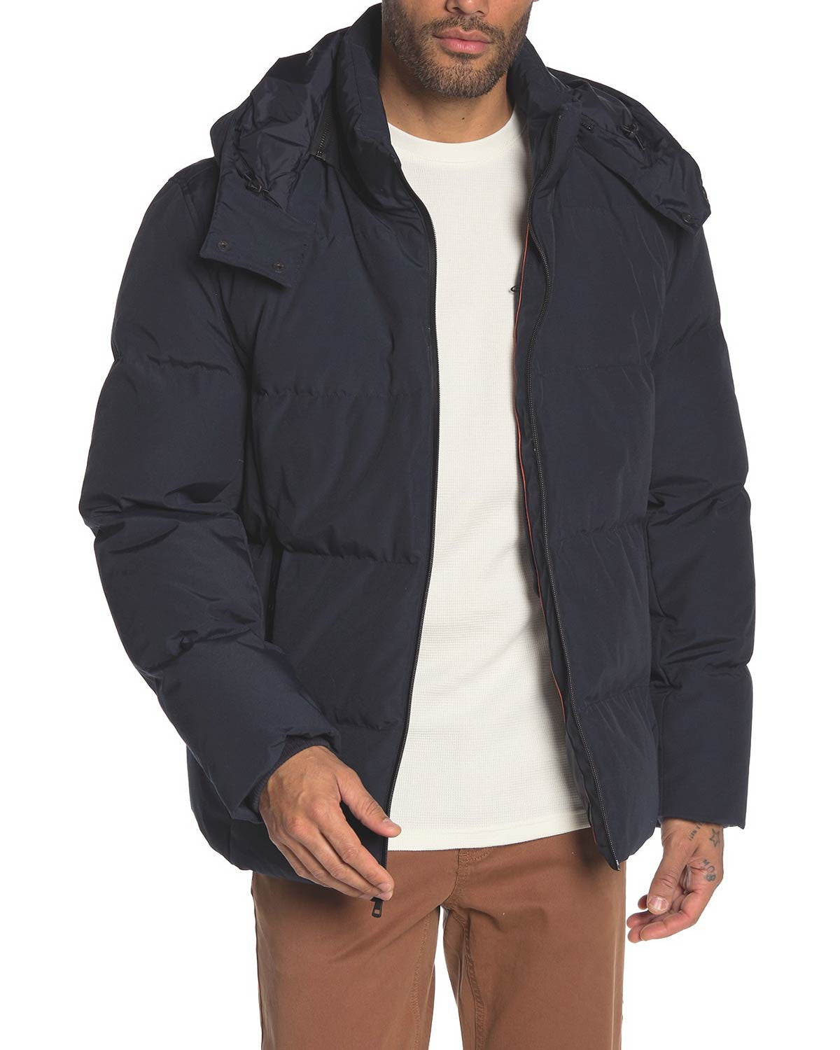 Cole Haan Signature Mens Hooded Zip Puffer Down Jacket Size L Navy