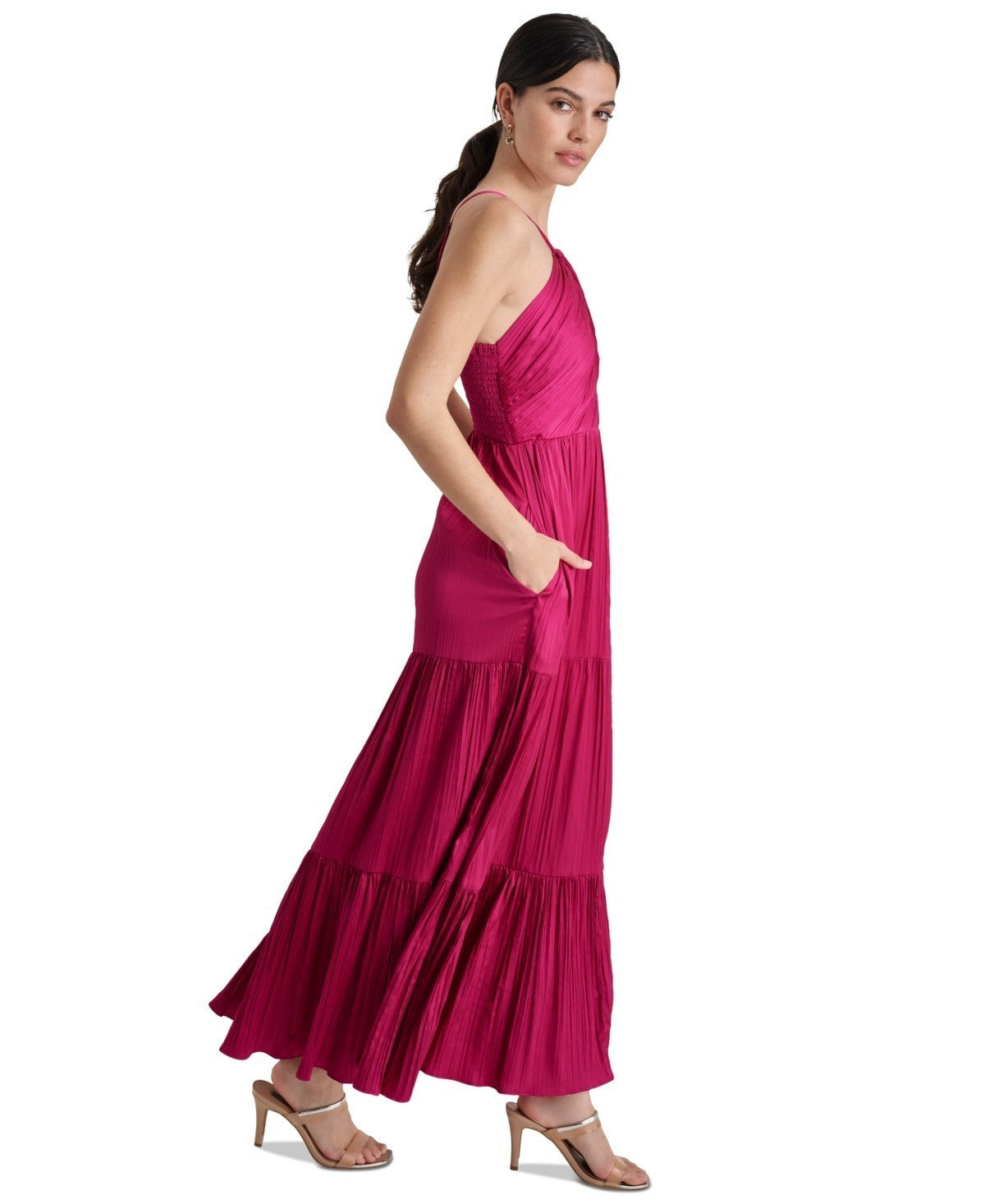 DKNY Women's Sleeveless Tiered Pleated Halter-Neck Dress Red Size 12 MSRP $149