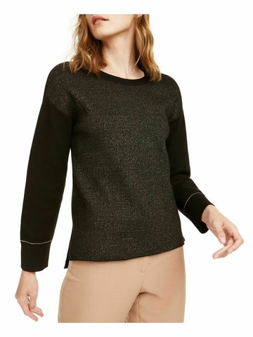 ANNE KLEIN Women's Black Gold Glitter Long Sleeve Jewel Neck Sweater Size: XXS