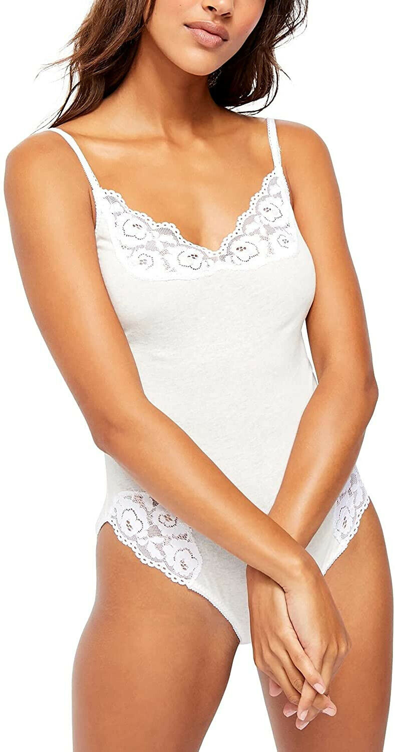 Free People Women Side Of Sass White Lace trim Jersey Bodysuit white Size XS