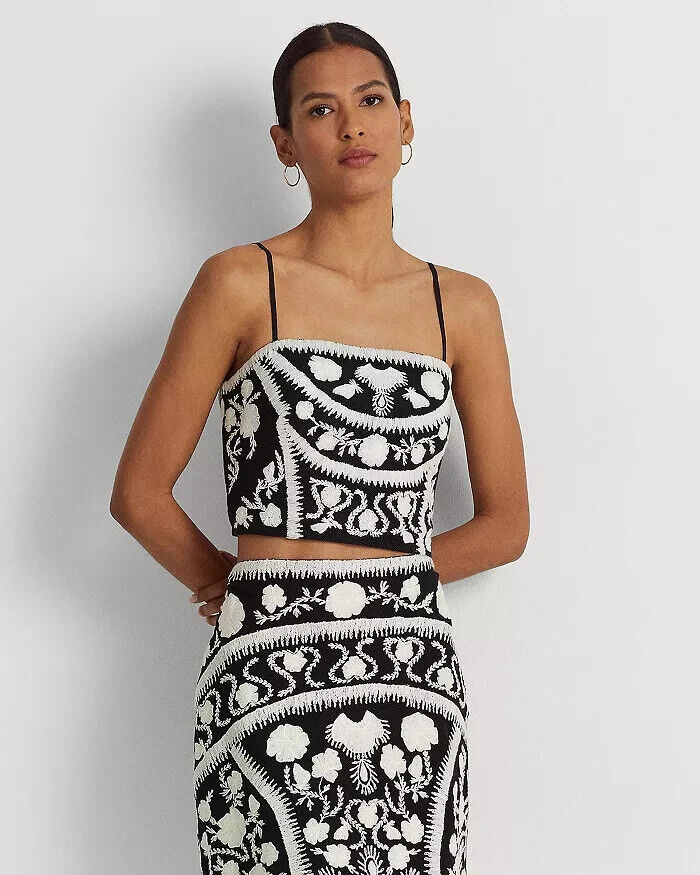 Lauren Ralph Lauren Womens Embroidered Cropped Sl Black white Black Size 16 $195