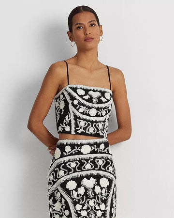 Lauren Ralph Lauren Womens Embroidered Cropped Sl Black white Black Size 16 $195