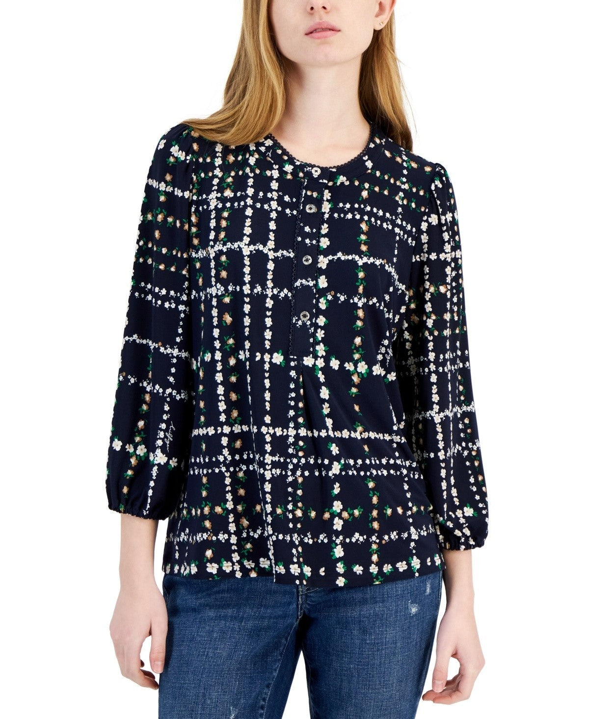 Tommy Hilfiger Women's Floral-Print Popover Blouse SIZE S NAVY MSRP $79