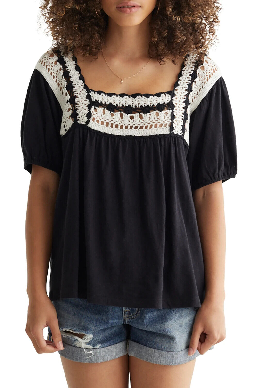 Lucky Brand Crochet Square Neck Cotton Knit Top Black Size XS MSRP $70