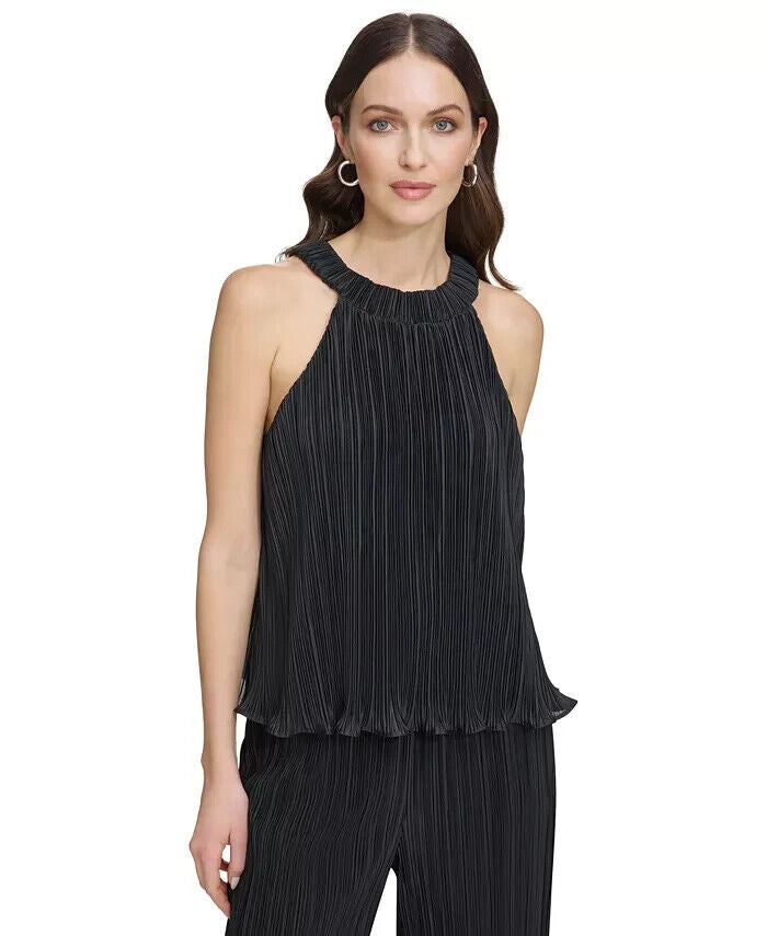 DKNY Womens Faux Leather Pleated Blouse Size L MSRP $69 BLACK