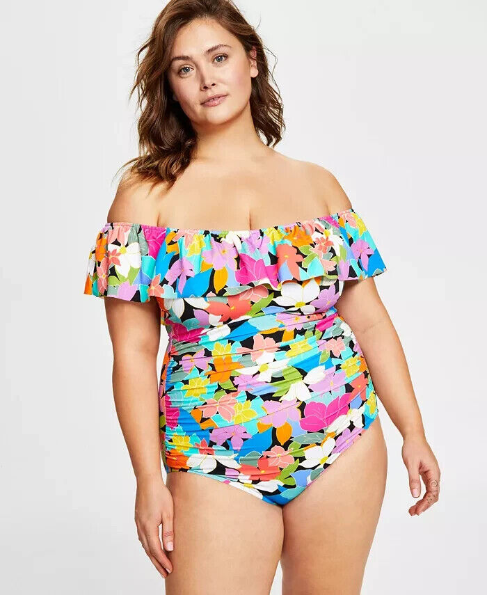 Swim Solutions Tummy Control Ruffled Swimsuit Pink Plus Size 20W MSRP $122