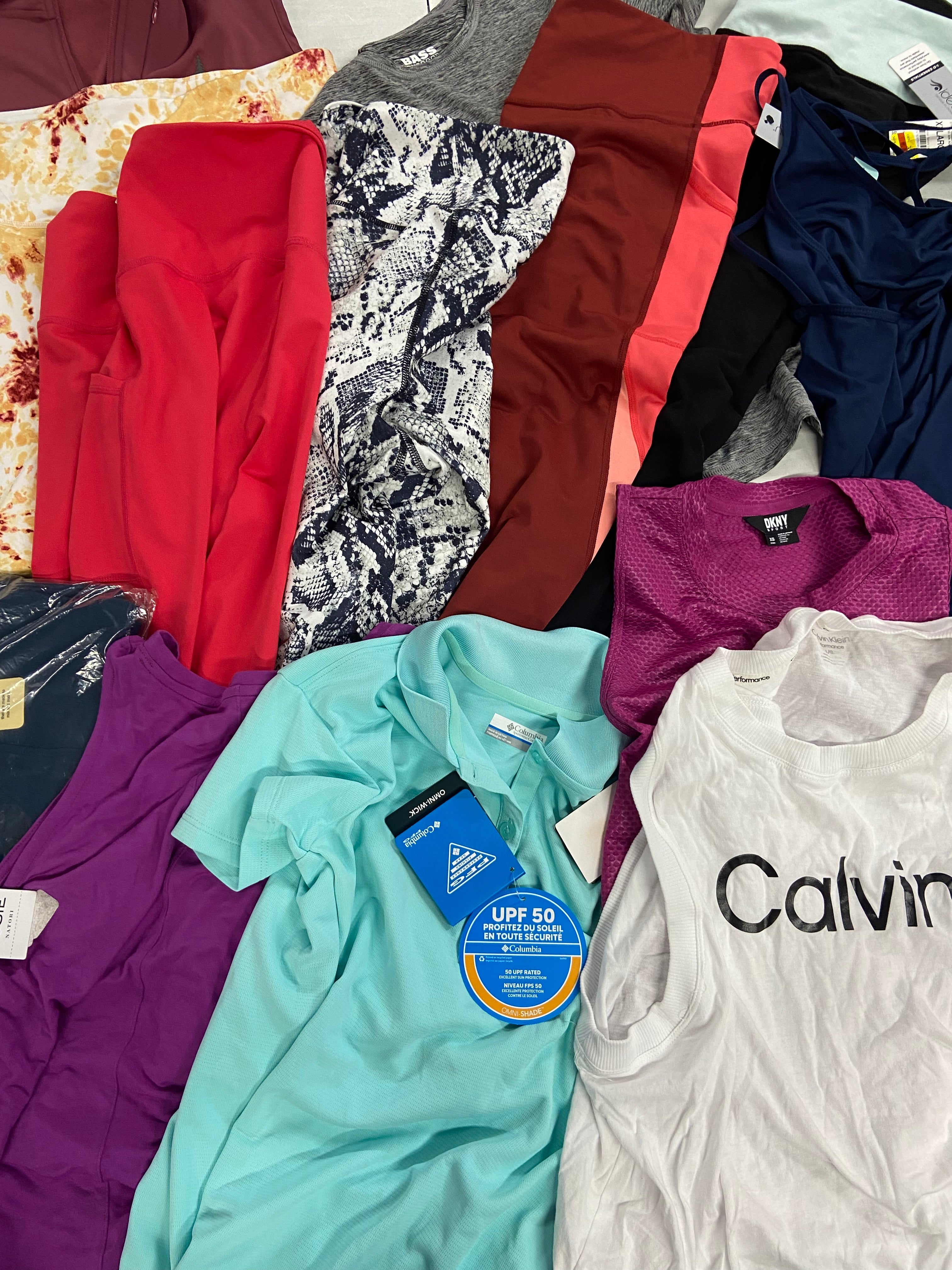 Women's Clothing Activewear Wholesale Lot, DKNY, CK PERFORMANCE, COLUMBIA, NATORI, BASS OUTDOOR 15 items, Shelf Pulls, MSRP $515