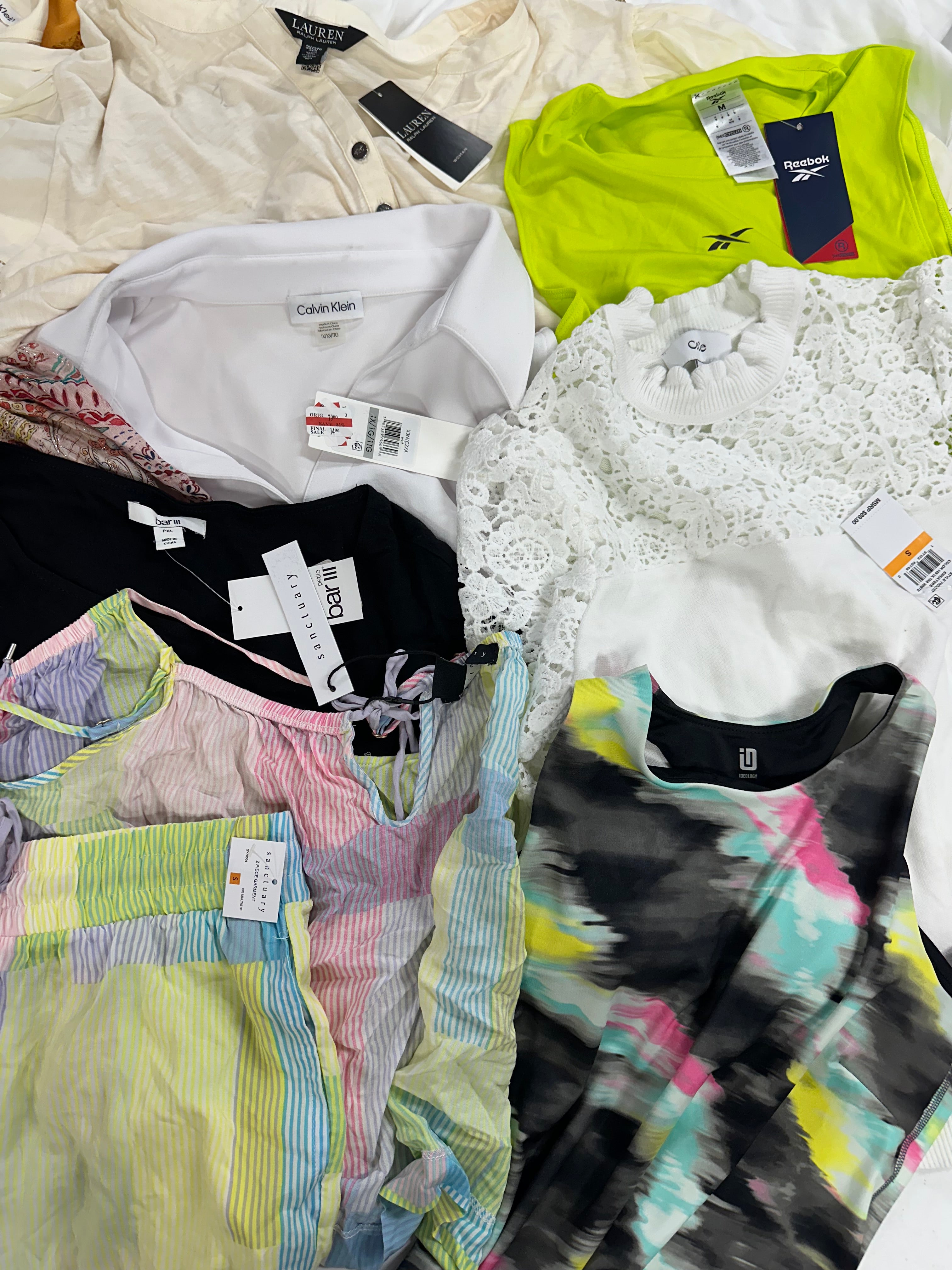 Women's Clothing Tops, Dress and Other, Wholesale Lot, RALPH LAUREN, Reebok, DKNY, CALVIN KLEIN, GUESS, SANCTUARY and more, 13 items, Shelf Pulls, MSRP $814