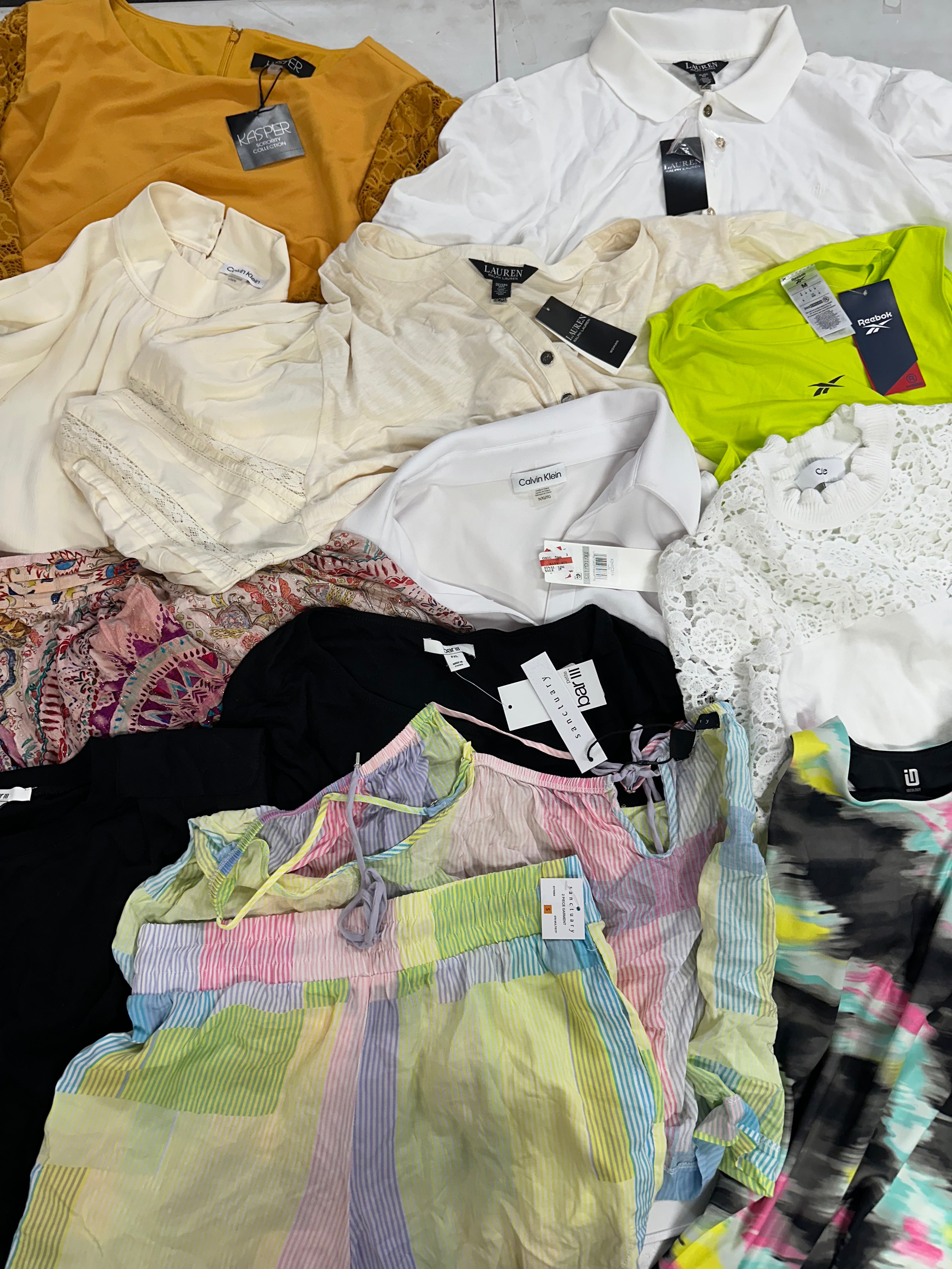 Women's Clothing Tops, Dress and Other, Wholesale Lot, RALPH LAUREN, Reebok, DKNY, CALVIN KLEIN, GUESS, SANCTUARY and more, 13 items, Shelf Pulls, MSRP $814