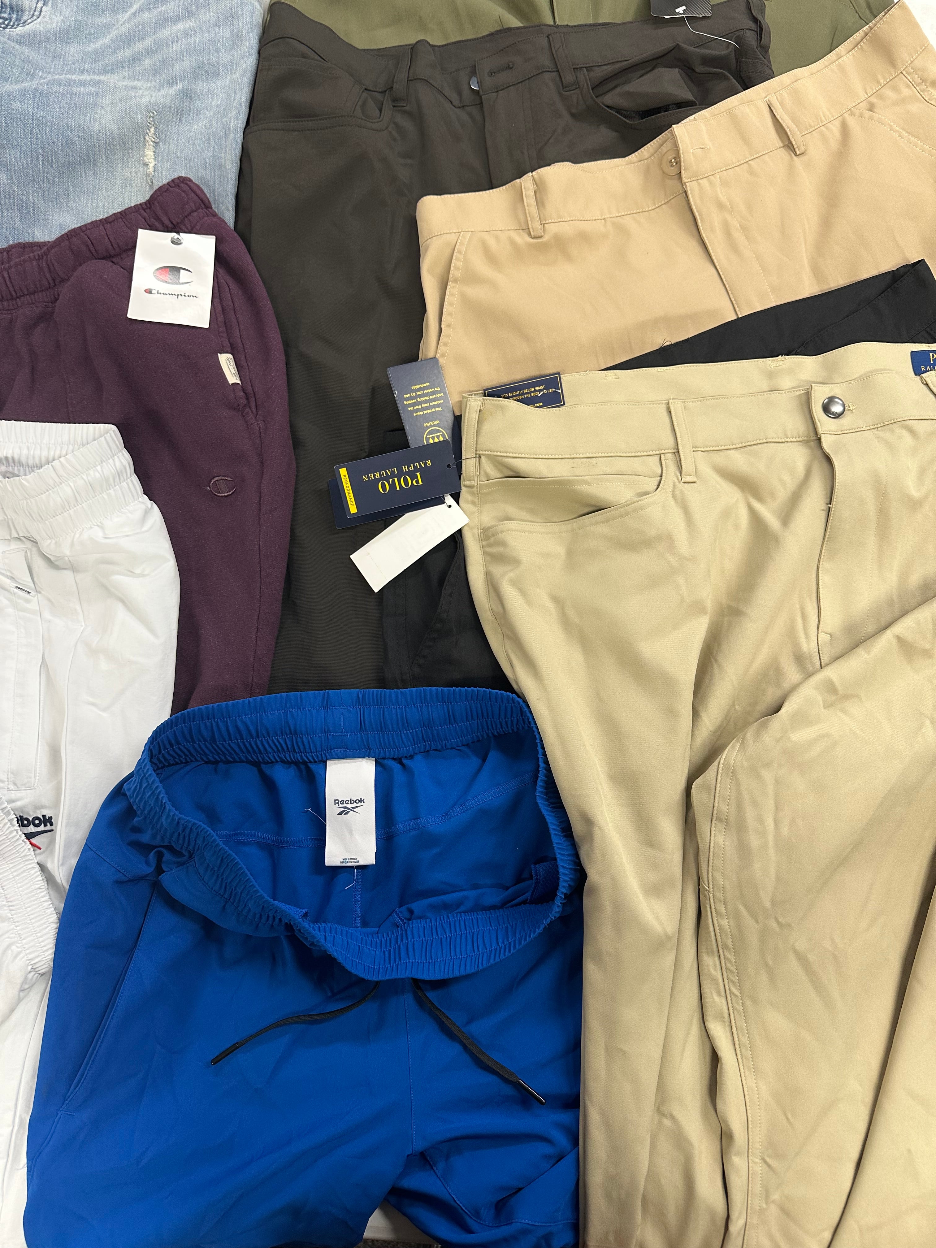 Men's Clothing Bottoms Wholesale Lot, POLO RALPH LAUREN, REEBOK, PGA TOUR, CHAMPION and more, 9 items, Shelf Pulls, MSRP $548