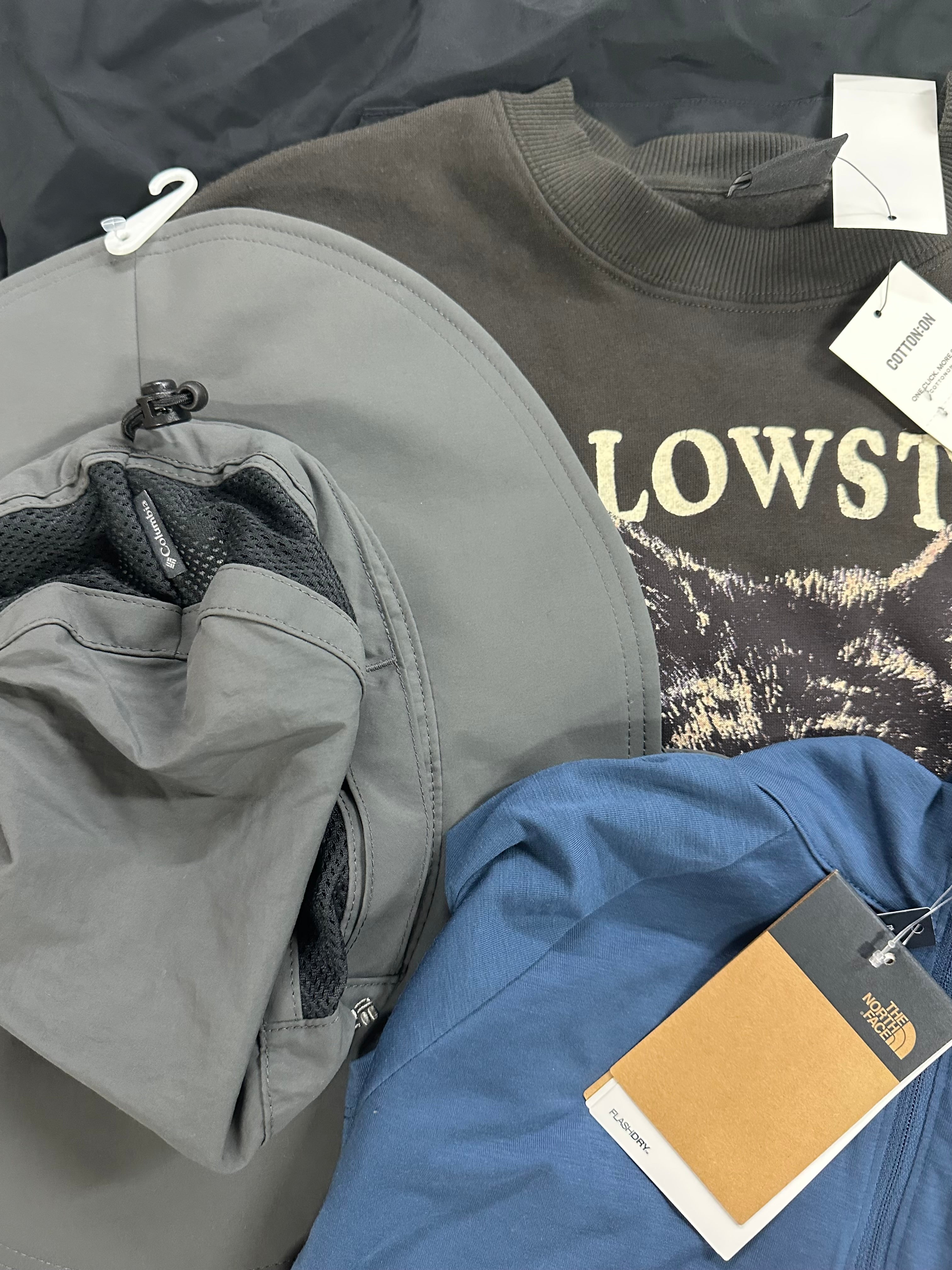 Men's Clothing Assorted Wholesale Lot, TIMBERLAND, NORTH FACE, COLUMBIA, REEBOK and more, 8 items, Shelf Pulls, MSRP $430