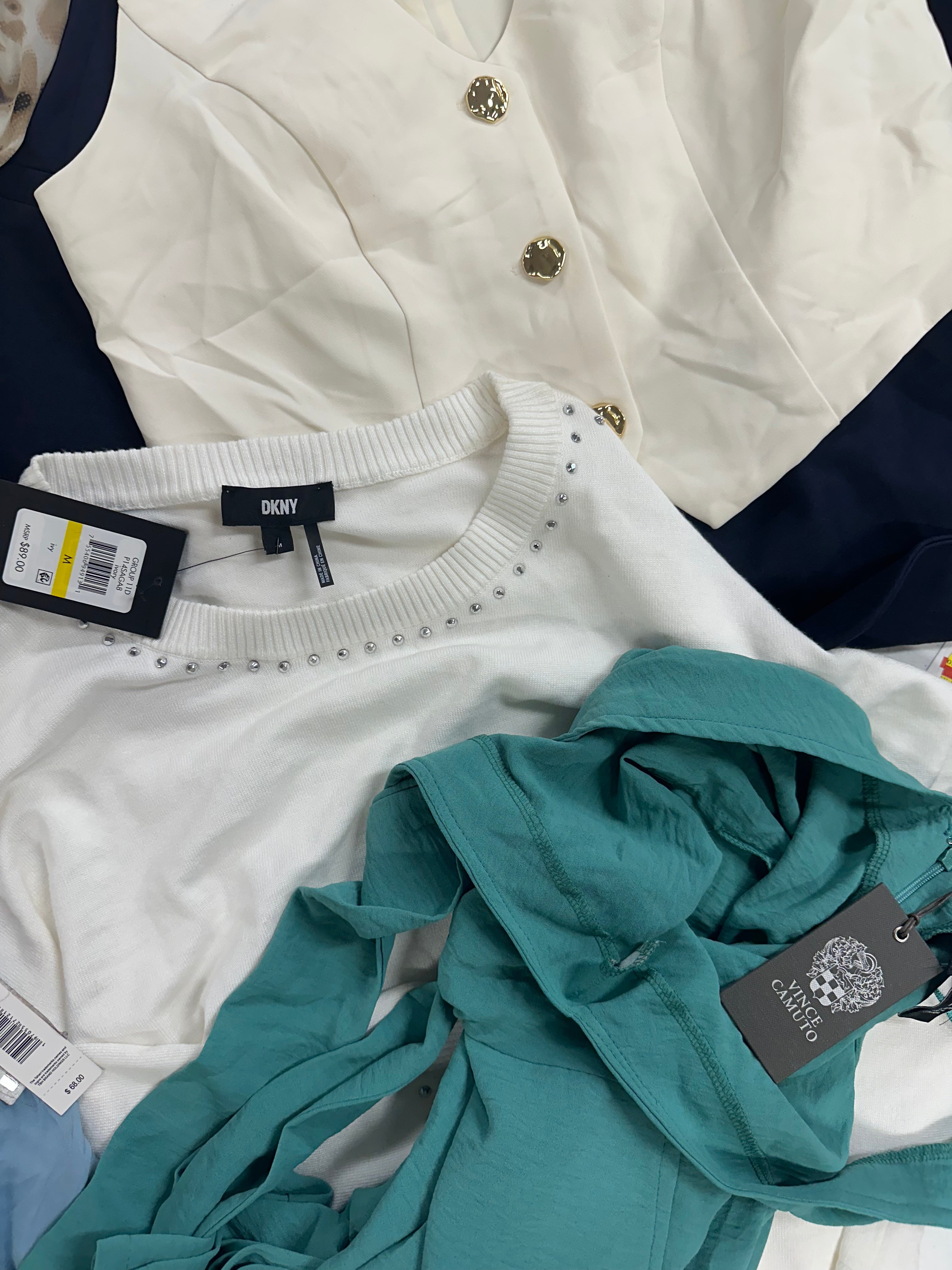 Women's Clothing Tops and Other Wholesale Lot,  TAHARI, DKNY, POLO RALPH LAUREN, CALVIN KLEIN, VINCE CAMUTO and more, 9 items, Shelf Pulls, MSRP $788