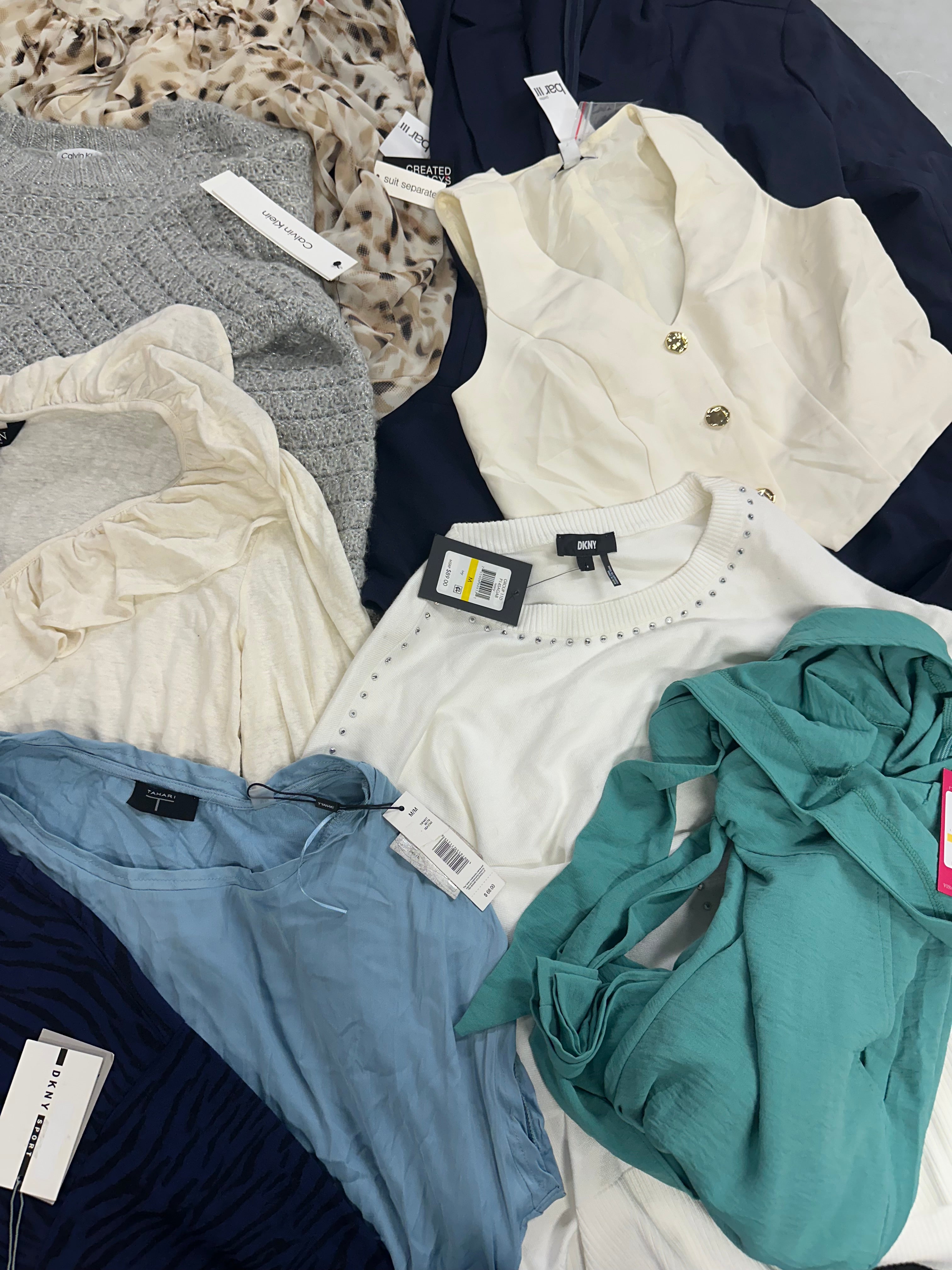 Women's Clothing Tops and Other Wholesale Lot,  TAHARI, DKNY, POLO RALPH LAUREN, CALVIN KLEIN, VINCE CAMUTO and more, 9 items, Shelf Pulls, MSRP $788