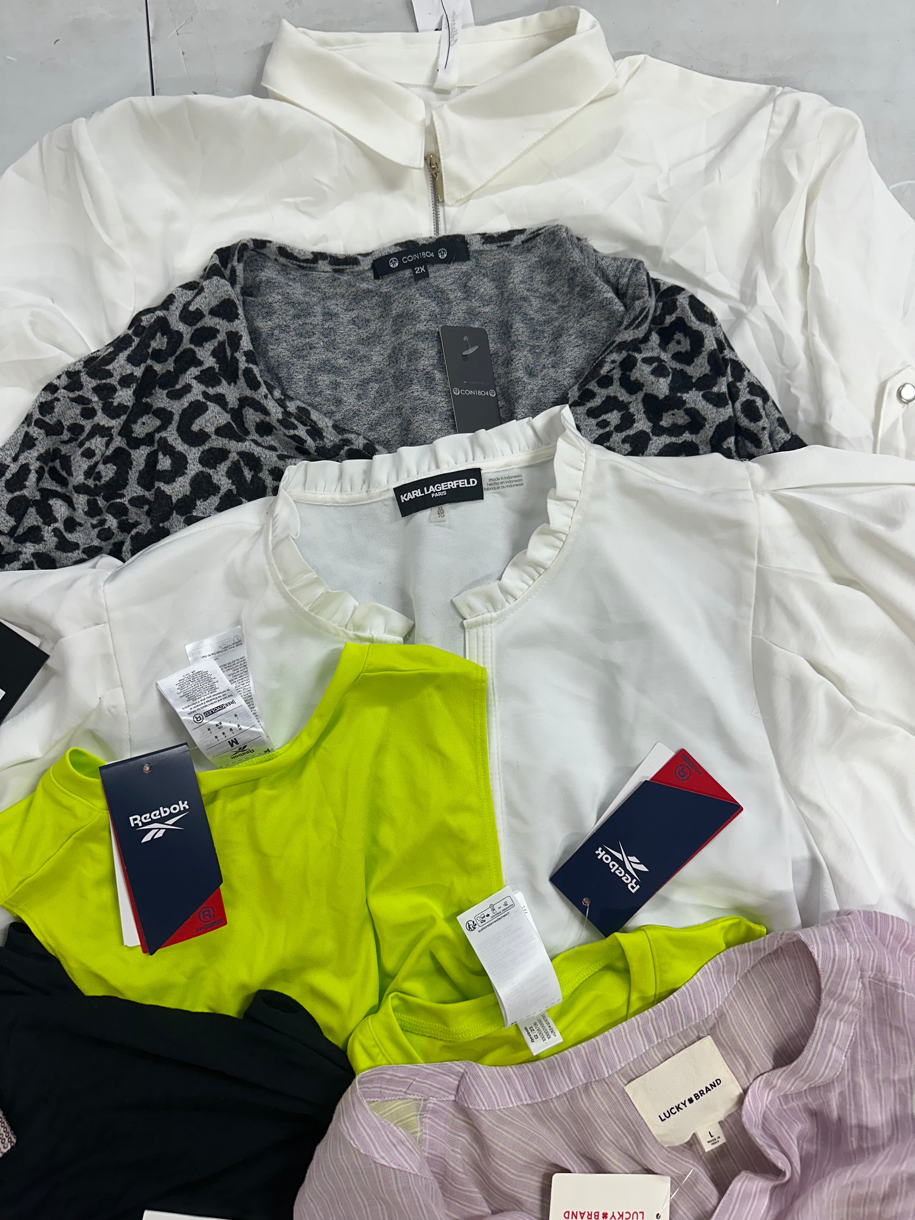 Women's Clothing Tops Wholesale Lot, MICHAEL KORS, LUCKY BRAND, CALVIN KLEIN, DKNY, REEBOK and more, 14 items, Shelf Pulls, MSRP $859