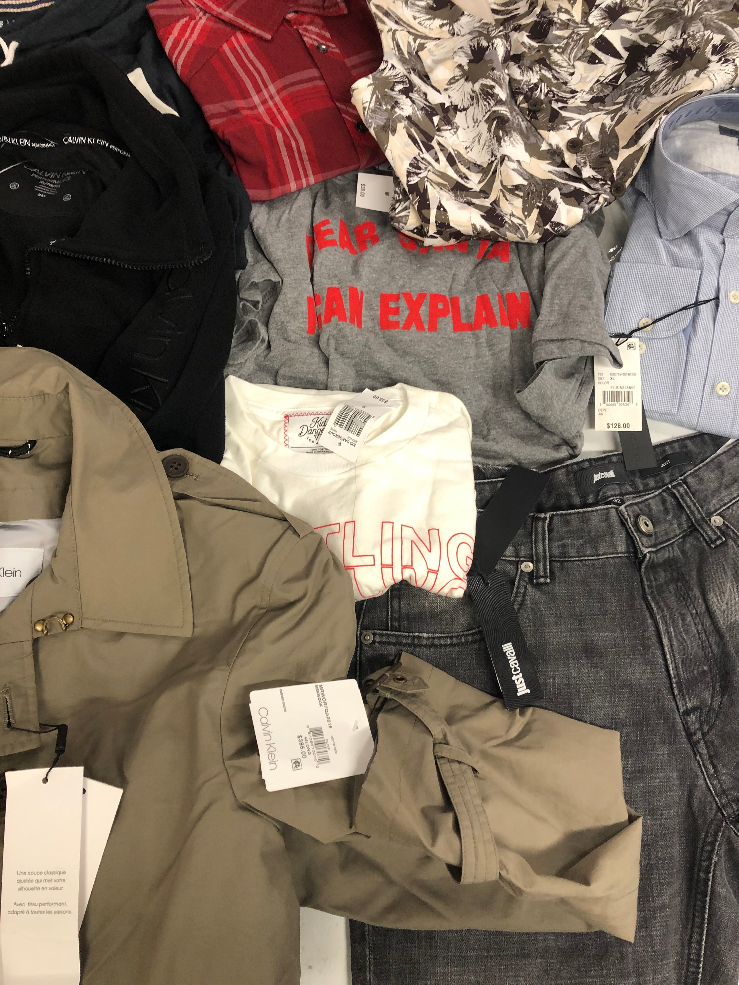Men's Clothing Assorted Wholesale Lot, JUST CAVALLI, ALTEA, CALVIN KLEIN, KID DANGEROUS and more, 11 items, Shelf Pulls, MSRP $1,660
