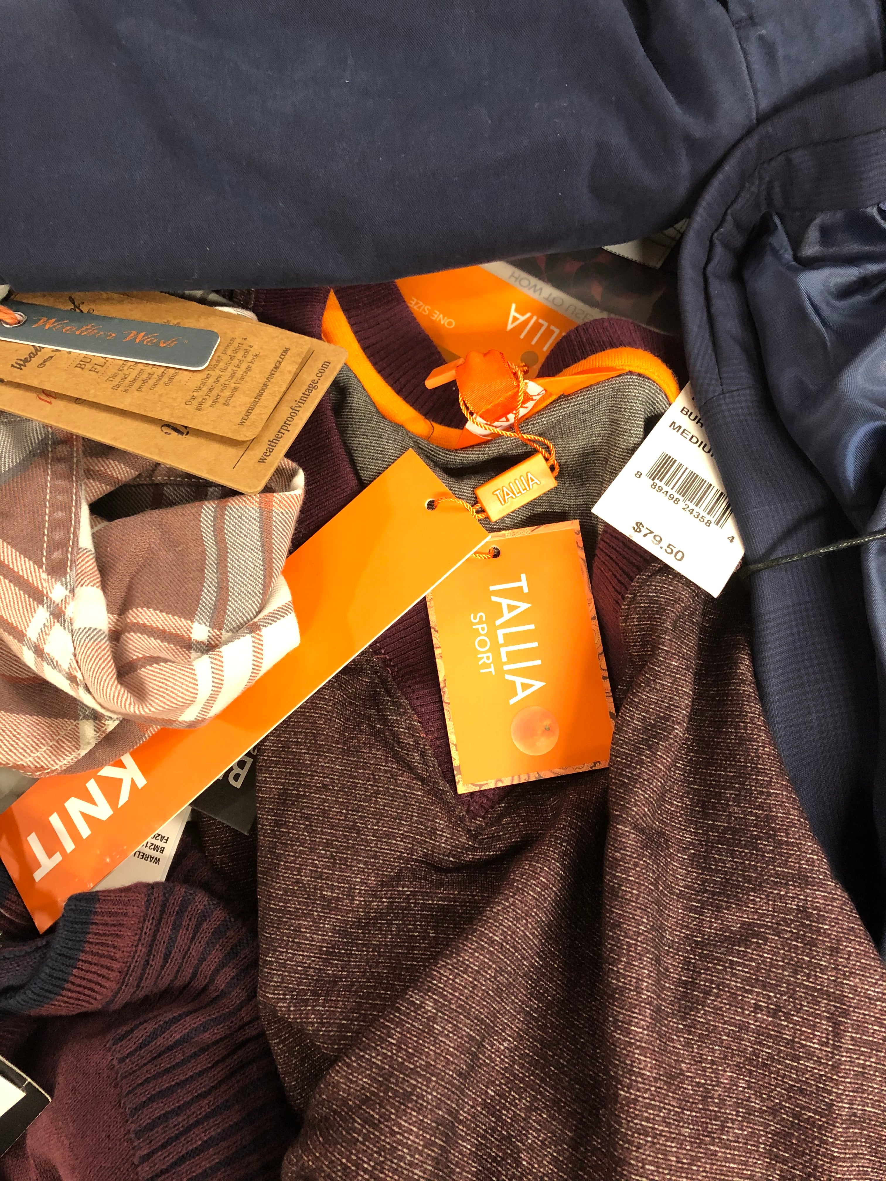 Men's Clothing Assorted Wholesale Lot, DKNY, NAUTICA, TALLIA, 1WEATHERPROOF, BUFFALO JEANS and more, 12 items, Shelf Pulls, MSRP $1,381