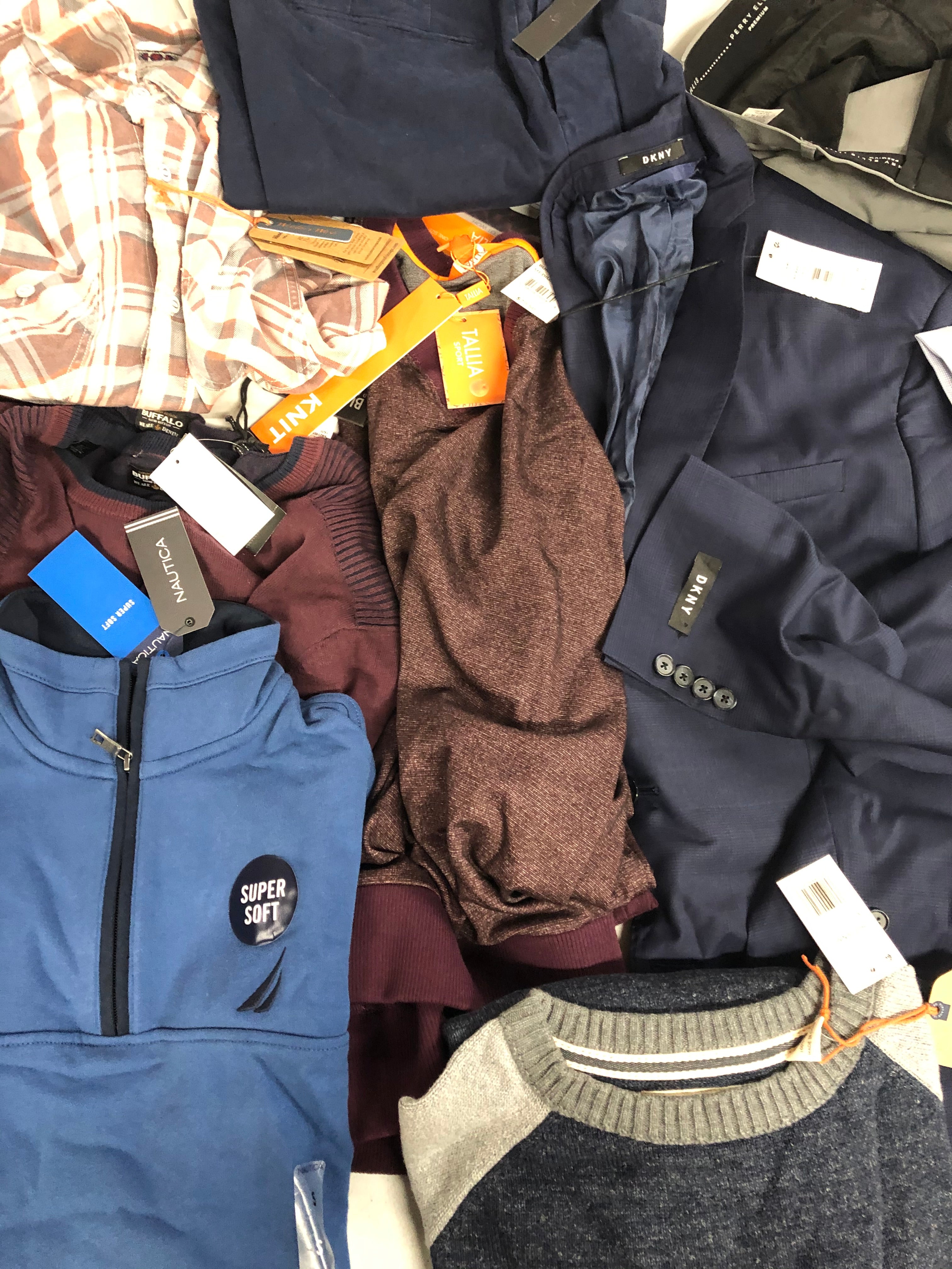 Men's Clothing Assorted Wholesale Lot, DKNY, NAUTICA, TALLIA, 1WEATHERPROOF, BUFFALO JEANS and more, 12 items, Shelf Pulls, MSRP $1,381