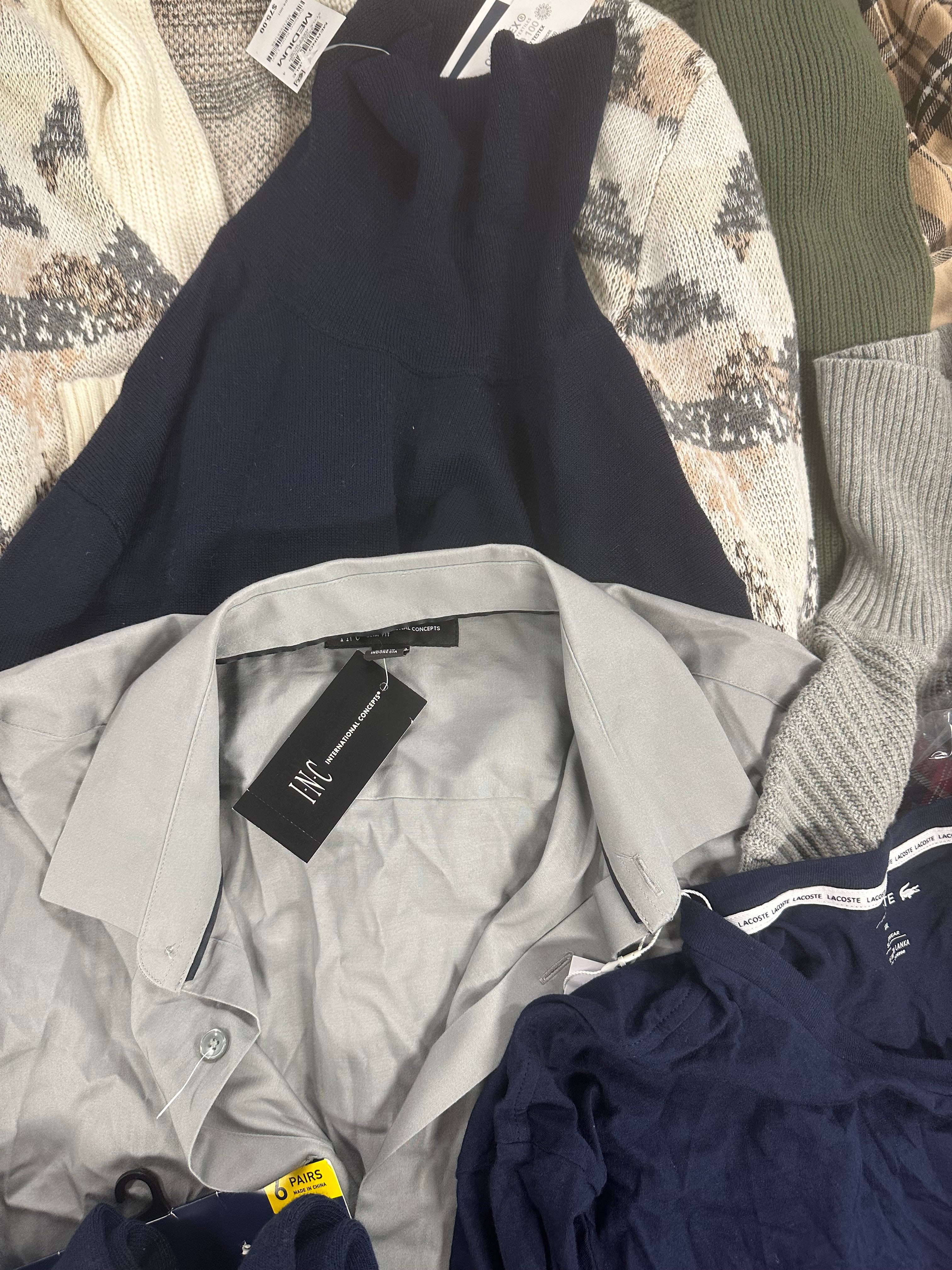 Men's Clothing Sweaters & Others Wholesale Lot, POLO RALPH LAUREN, LACOSTE, TOMMY HILFIGER, AND NOW THIS, CLUB ROOM and more, 14 items, Shelf Pulls, MSRP $548