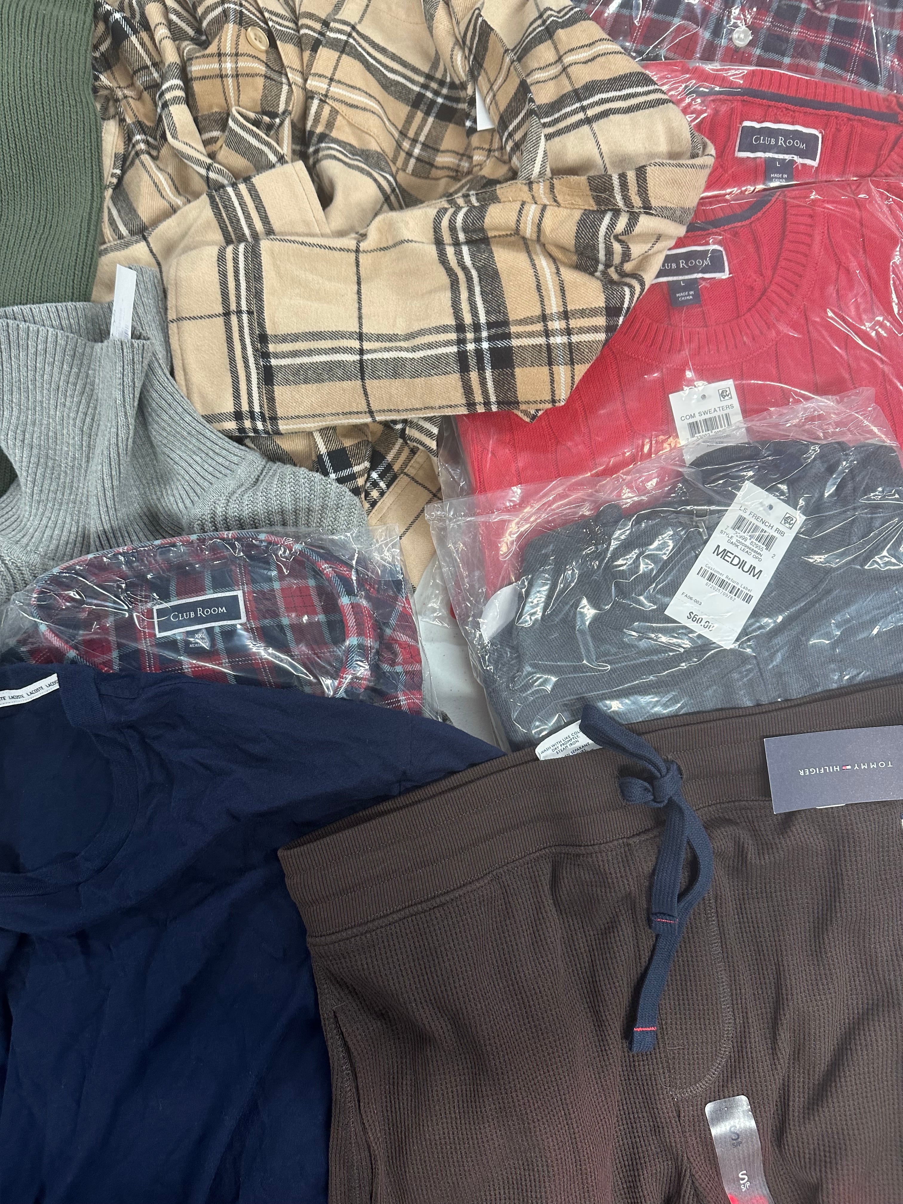 Men's Clothing Sweaters & Others Wholesale Lot, POLO RALPH LAUREN, LACOSTE, TOMMY HILFIGER, AND NOW THIS, CLUB ROOM and more, 14 items, Shelf Pulls, MSRP $548