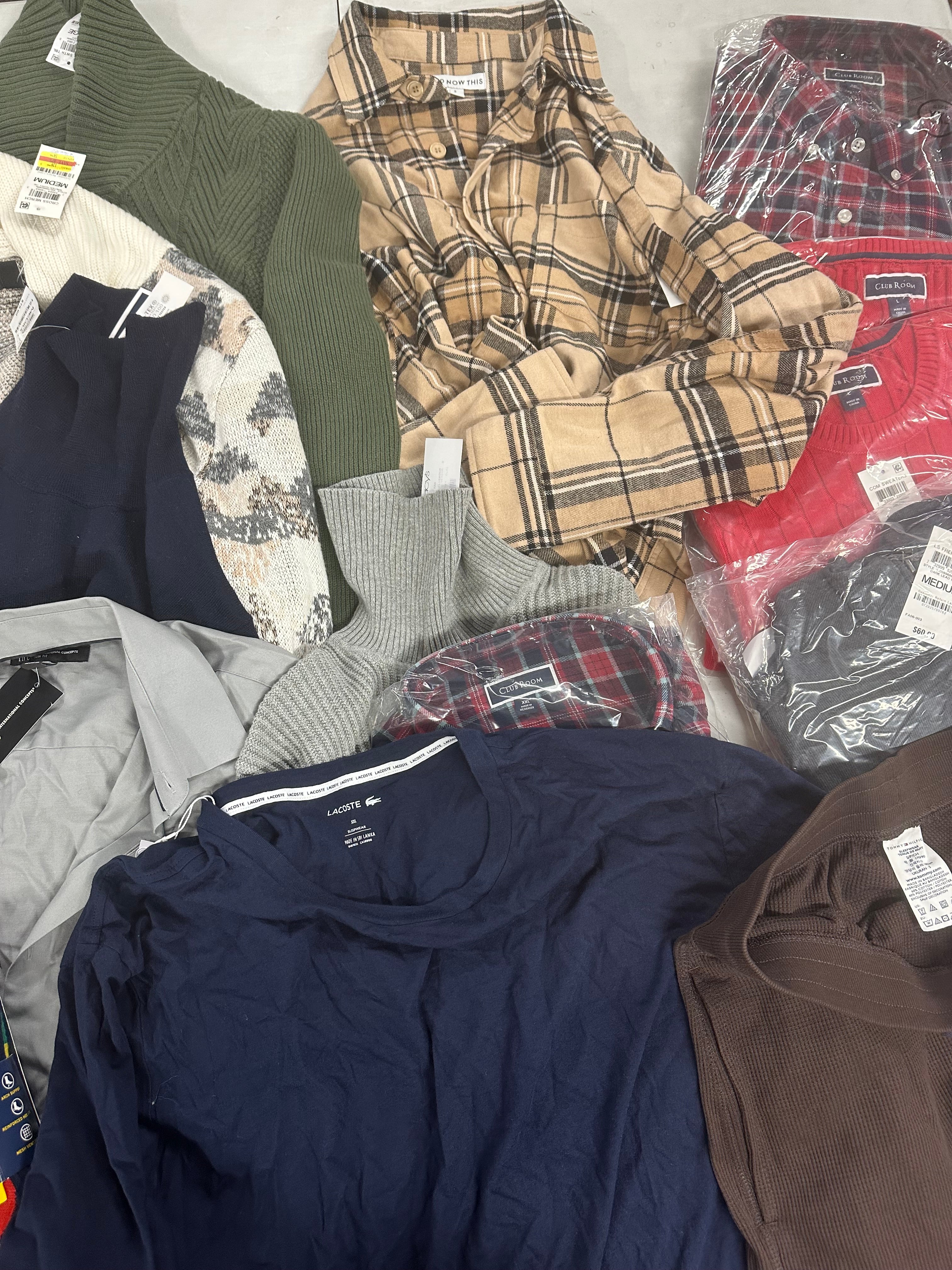 Men's Clothing Sweaters & Others Wholesale Lot, POLO RALPH LAUREN, LACOSTE, TOMMY HILFIGER, AND NOW THIS, CLUB ROOM and more, 14 items, Shelf Pulls, MSRP $548