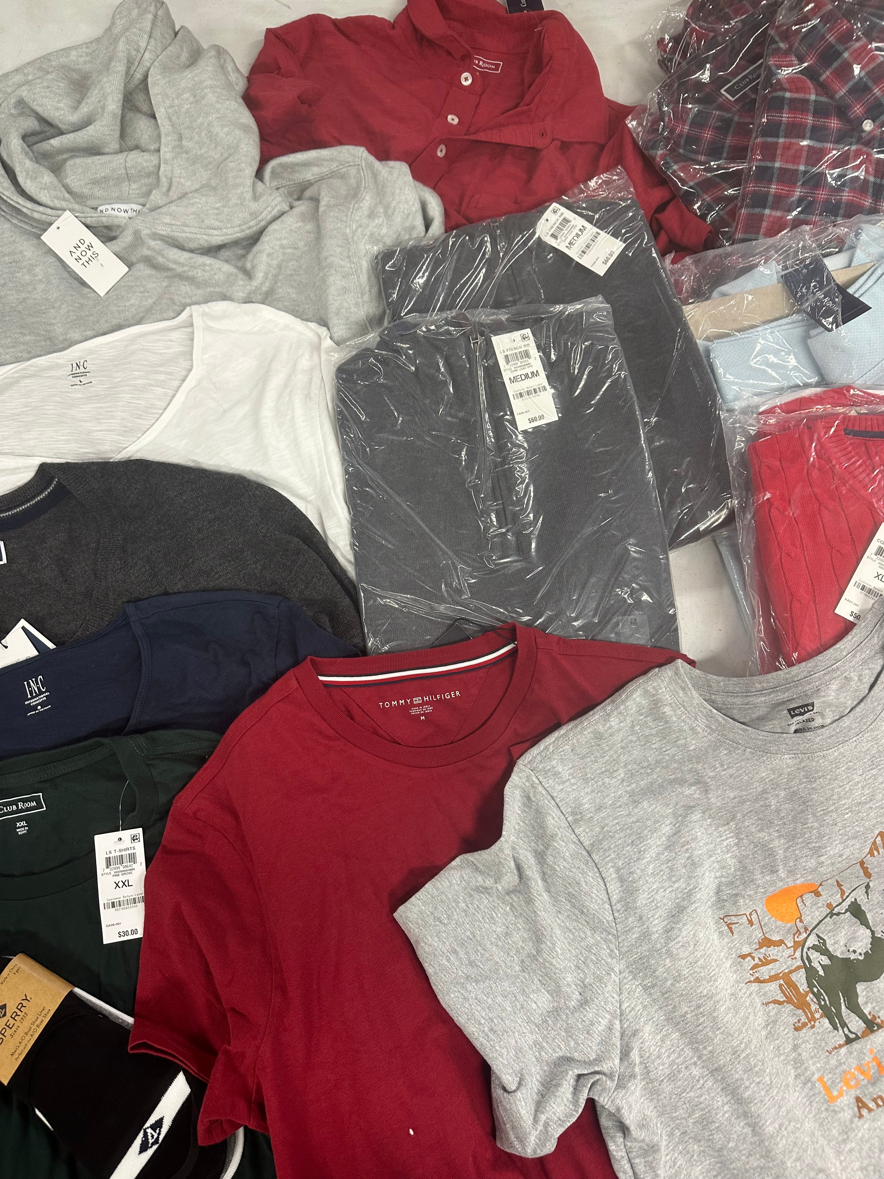 Men's Clothing T-shirts and Other Tops Wholesale Lot, TOMMY HILFIGER, LEVI'S, SPERRY, AND NOW THIS, CLUB ROOM and more, 17 items, Shelf Pulls, MSRP $694