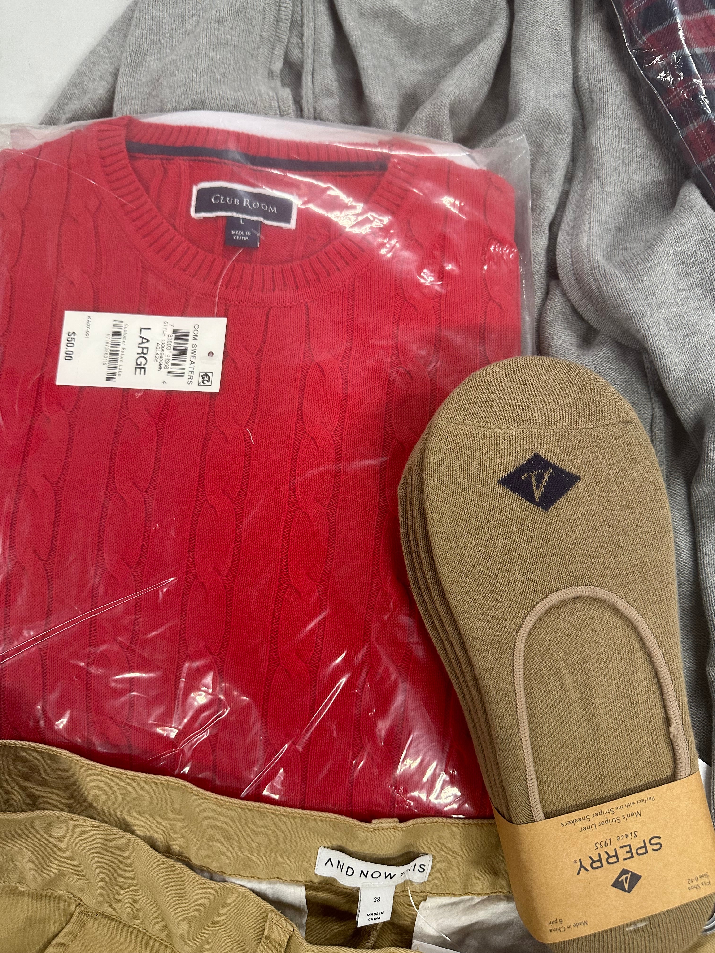 Men's Clothing Assorted Wholesale Lot, SPERRY, POLO RALPH LAUREN, AND NOW THIS, SUN + STONE, HEAT HOLDERS and more, 10 items, Shelf Pulls, MSRP $404