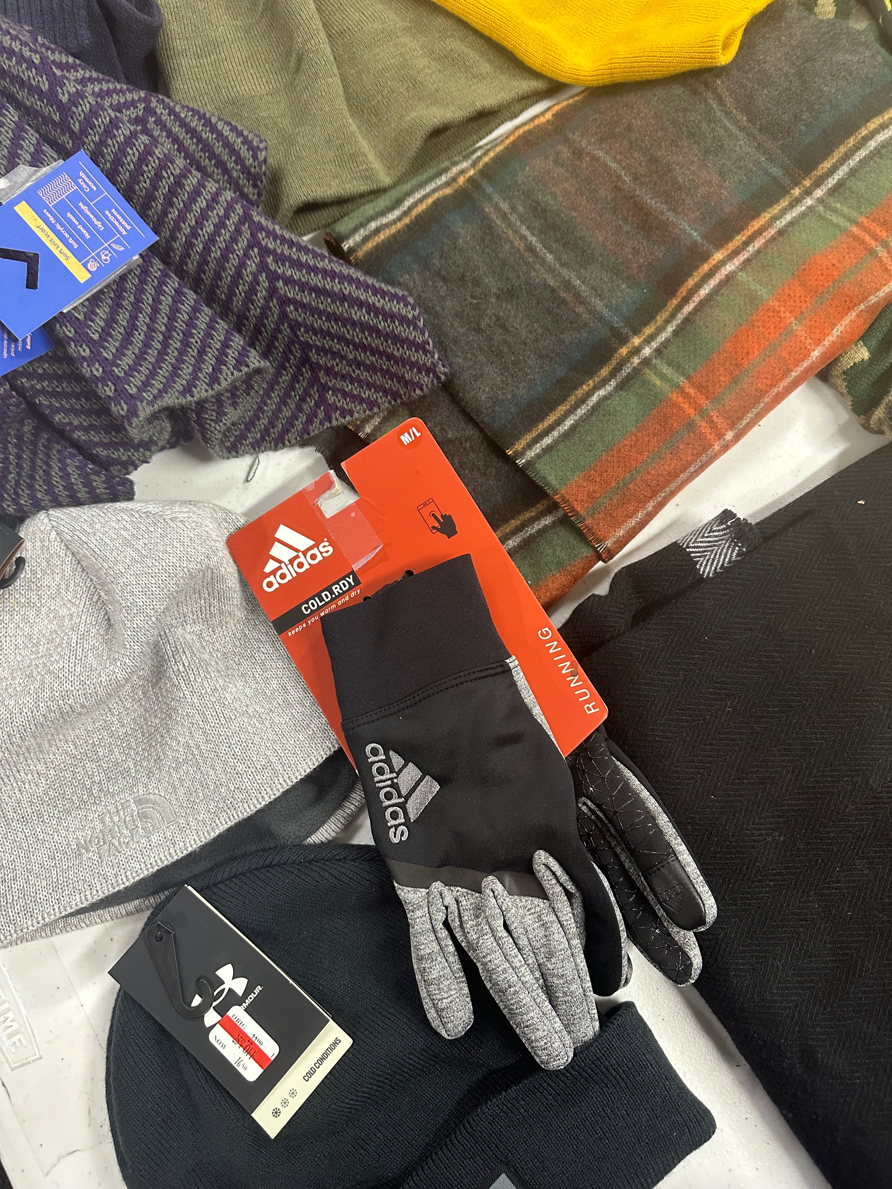 Men's Gloves, Hats and Others, Wholesale Lot, ADIDAS, UNDER ARMOUR, THE NORTH FACE, SPYDER, BASS OUTDOOR, HEAT HOLDERS and more, 24 items, Shelf Pulls, MSRP $750