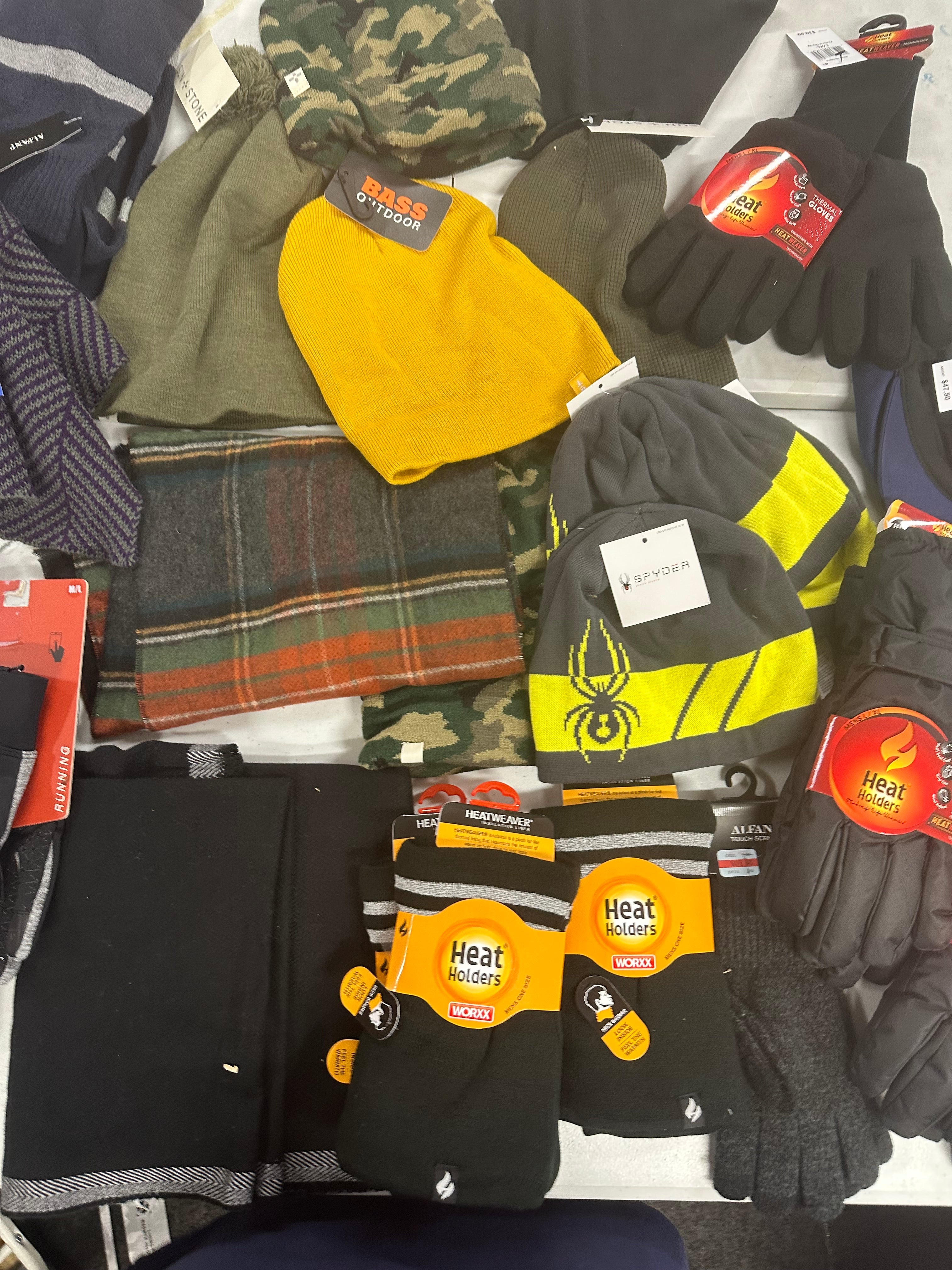 Men's Gloves, Hats and Others, Wholesale Lot, ADIDAS, UNDER ARMOUR, THE NORTH FACE, SPYDER, BASS OUTDOOR, HEAT HOLDERS and more, 24 items, Shelf Pulls, MSRP $750