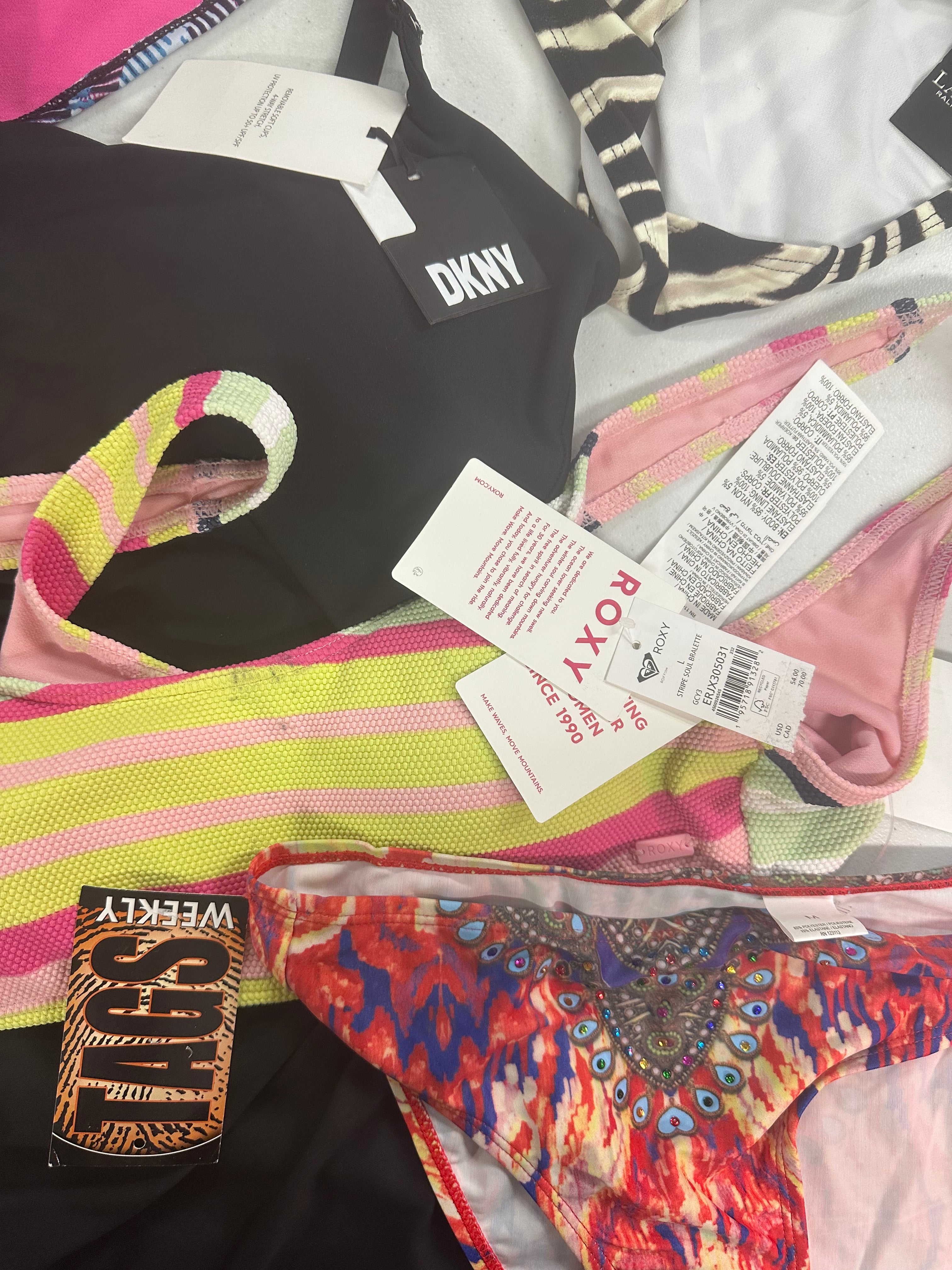 Women's Swimwear Wholesale Lot, 12 items, DKNY, RALPH LAUREN, NIKE, ROXY, COCO REEF, LA MODA and more, Shelf Pulls, MSRP $581