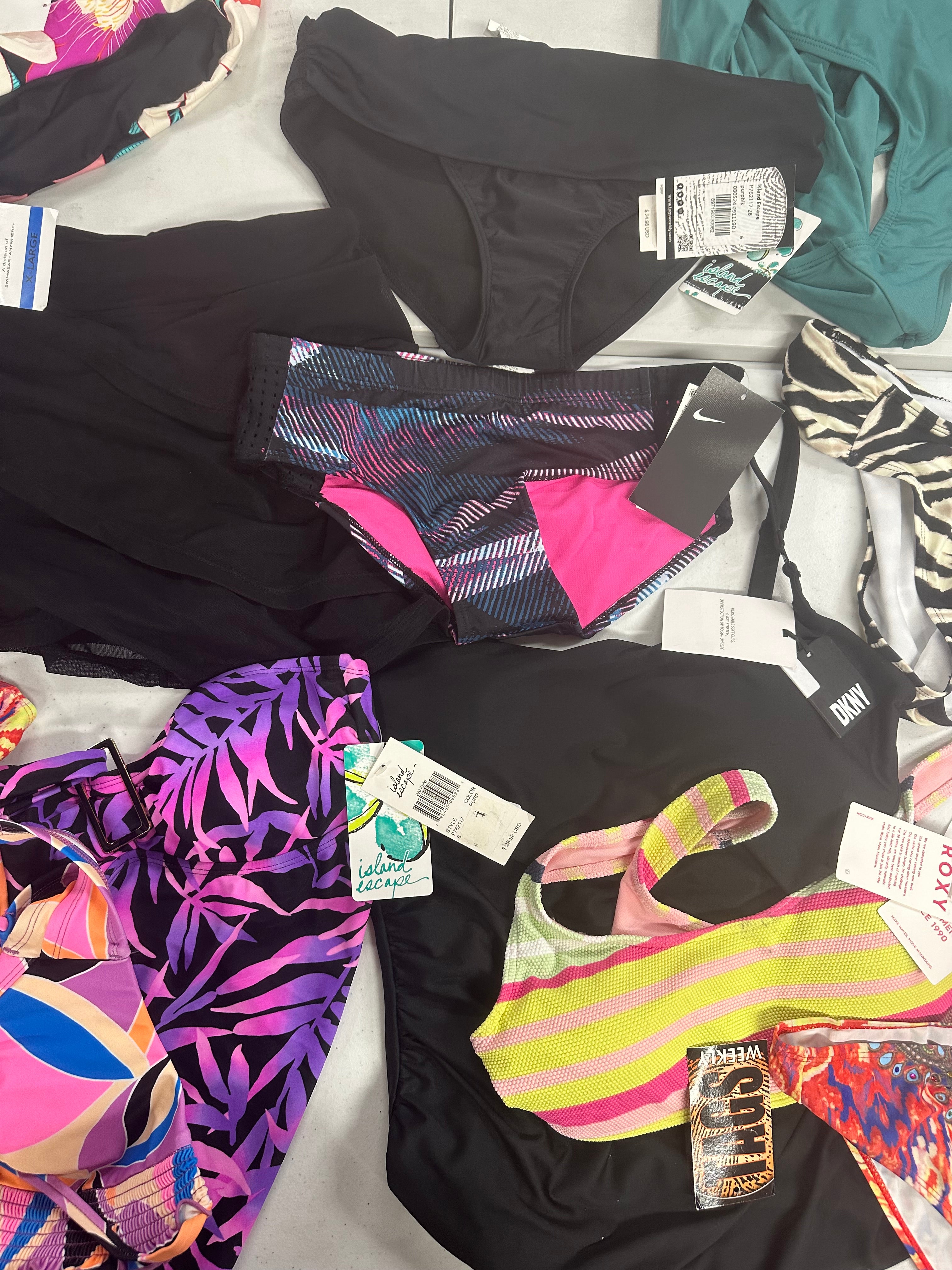 Women's Swimwear Wholesale Lot, 12 items, DKNY, RALPH LAUREN, NIKE, ROXY, COCO REEF, LA MODA and more, Shelf Pulls, MSRP $581