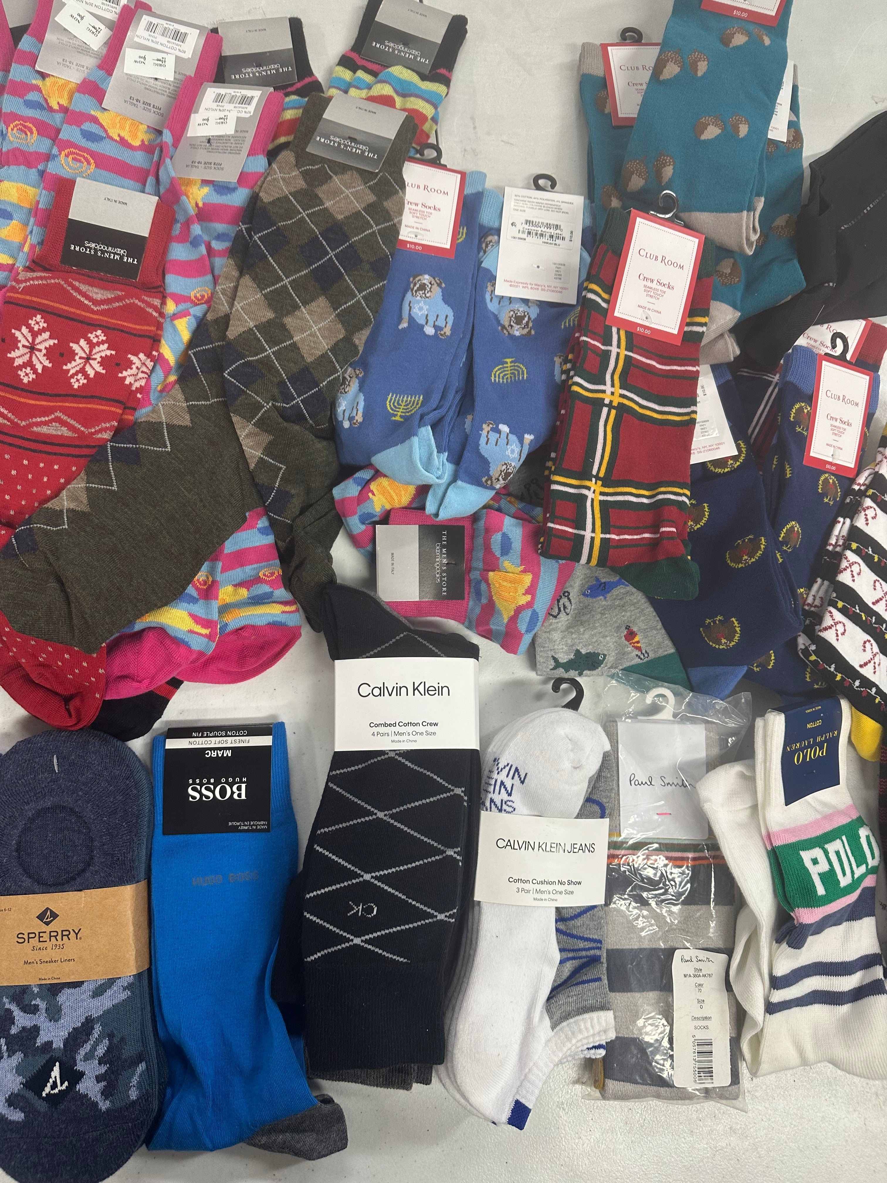 Men's Socks Wholesale Lot, HUGO BOSS, PAUL SMITH, POLO RALPH LAUREN, SPERRY, CALVIN KLEIN, CLUB ROOM and more, 33 items, Shelf Pulls, MSRP $435