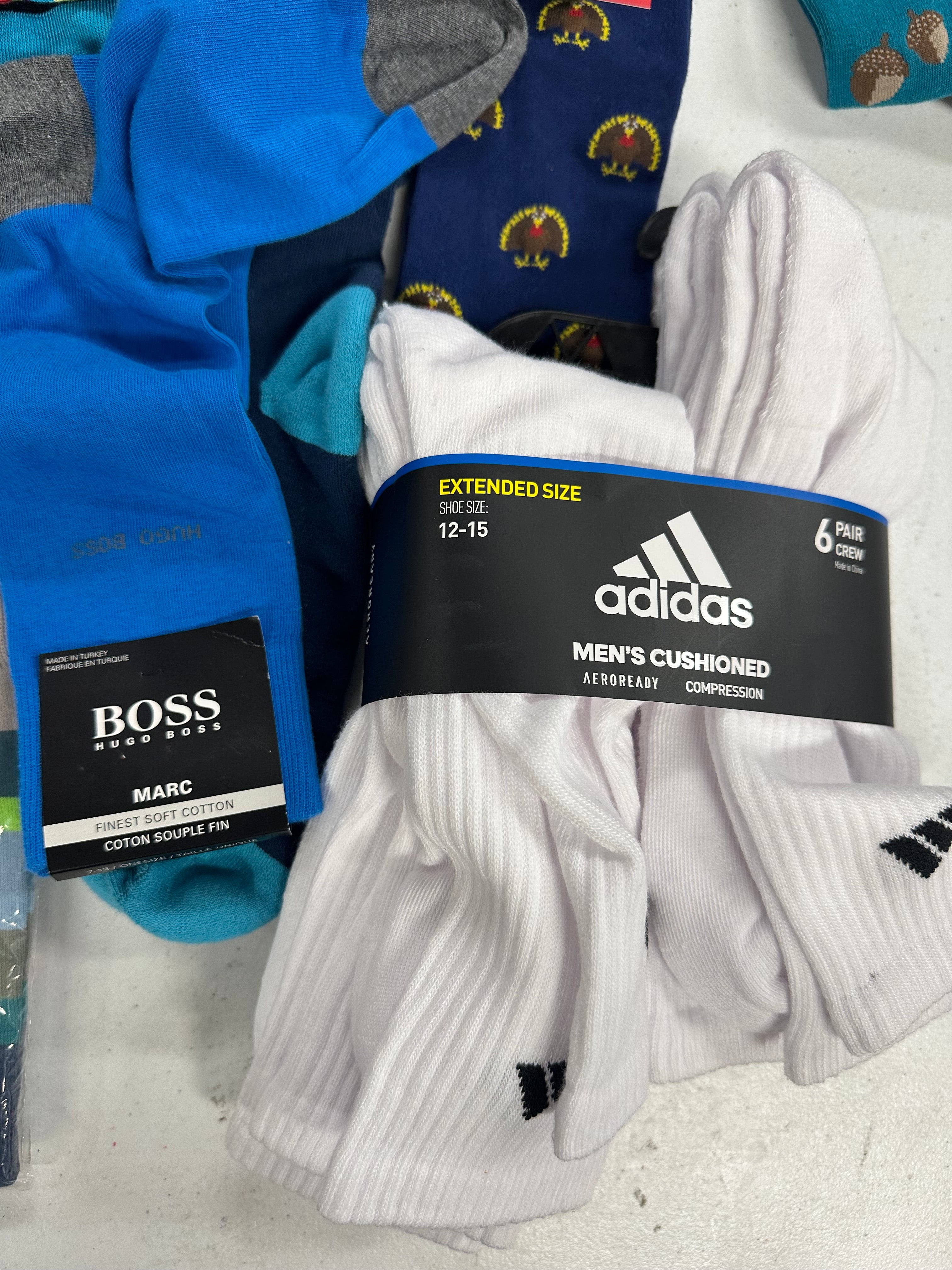 Men's Socks Wholesale Lot, HUGO BOSS, PAUL SMITH, HOT SOX, ADIDAS, HAPPY SOCKS and more, 26 items, Shelf Pulls, MSRP $382