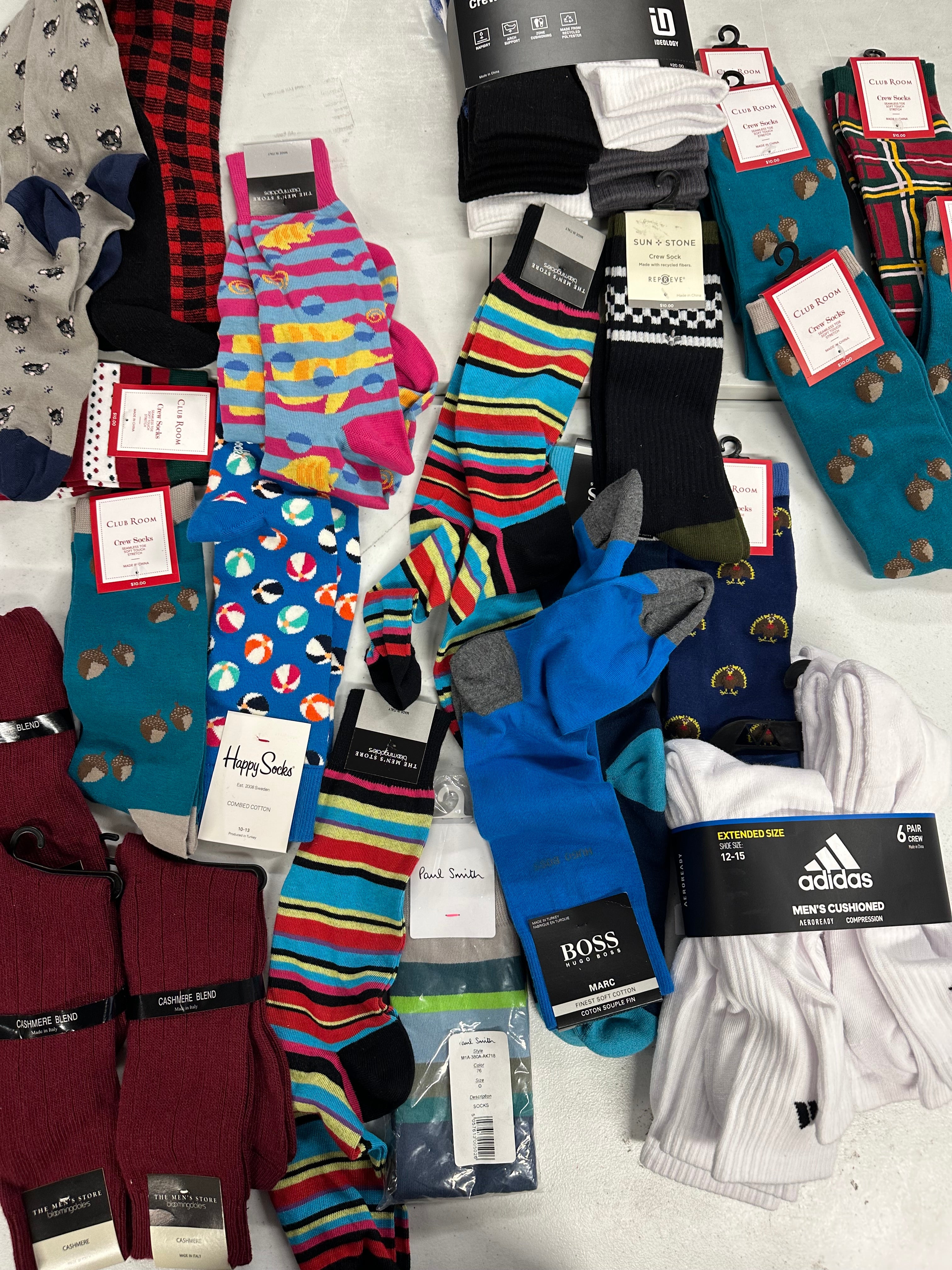 Men's Socks Wholesale Lot, HUGO BOSS, PAUL SMITH, HOT SOX, ADIDAS, HAPPY SOCKS and more, 26 items, Shelf Pulls, MSRP $382