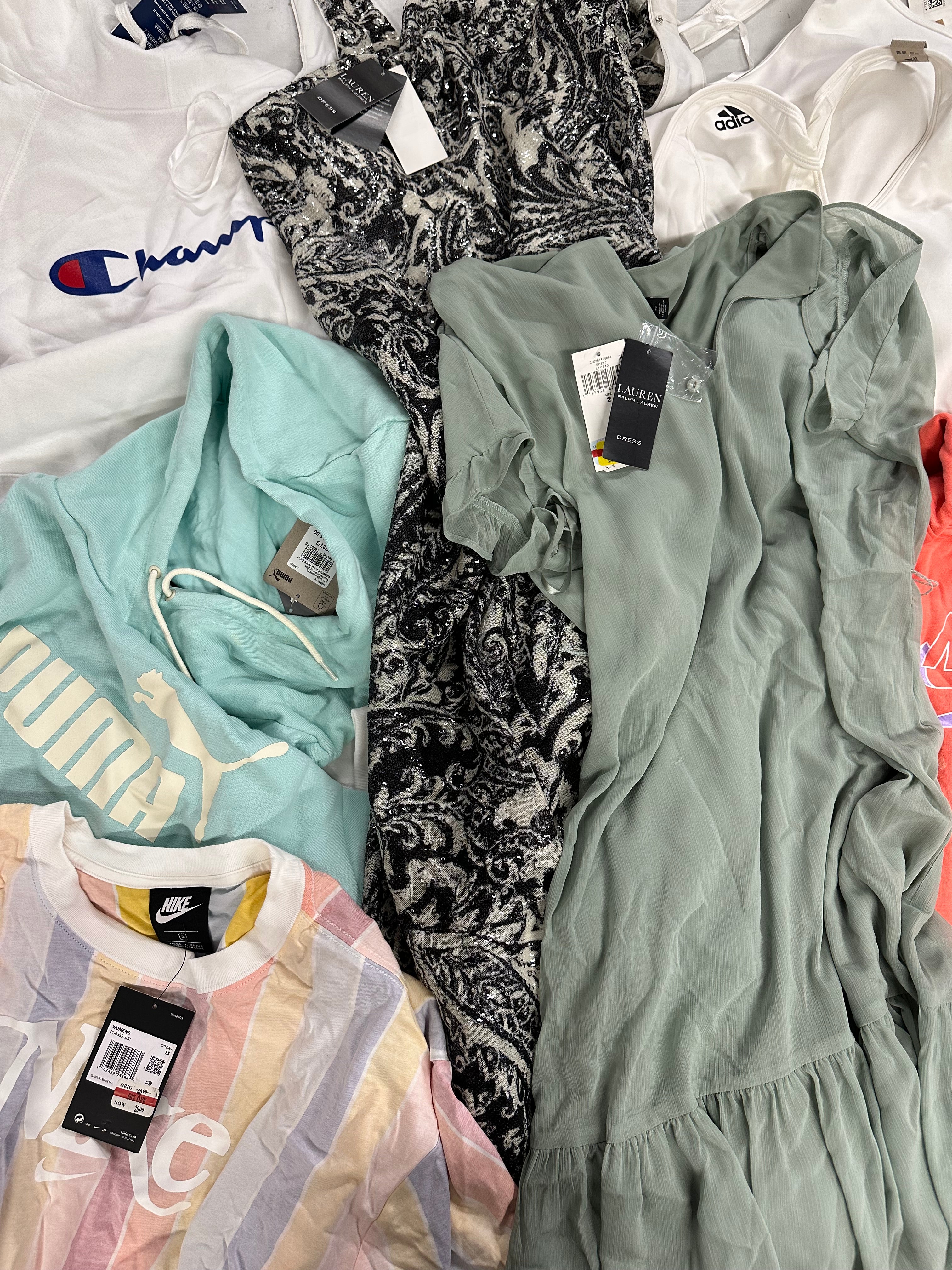 Women's Clothing Assorted Wholesale Lot, Nike, POLO RALPH LAUREN, ADIDAS, CHAMPION, PUMA and more, 8 items, CUSTOMER RETURNS