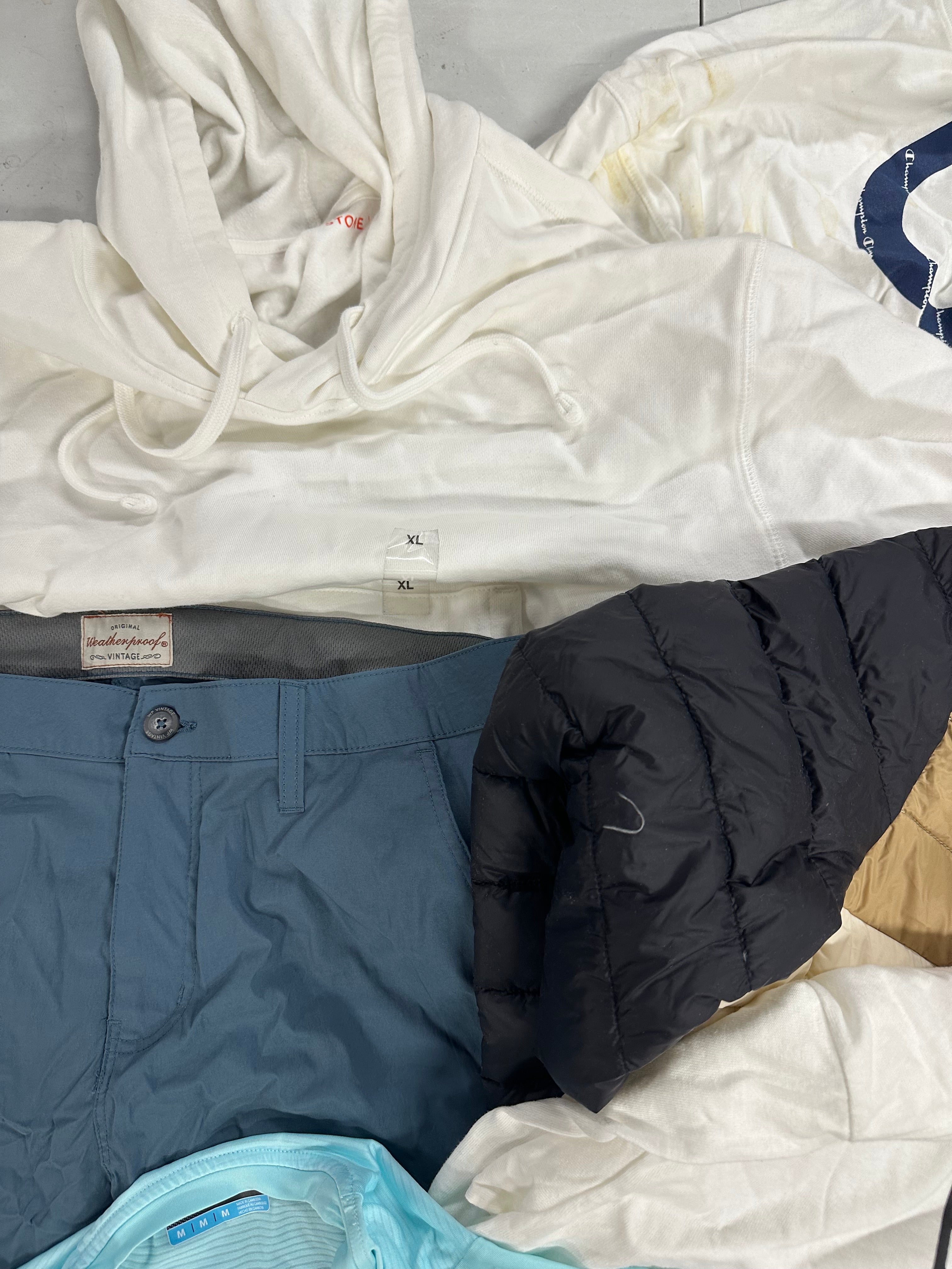 Men's Clothing Bottoms & Tops Wholesale Lot, ARMANI EXCHANGE, NIKE, CHAMPION, WEATHERPROOF, PGA TOUR, LUCKY BRAND and more, 9 items, CUSTOMER RETURNS, MSRP $527