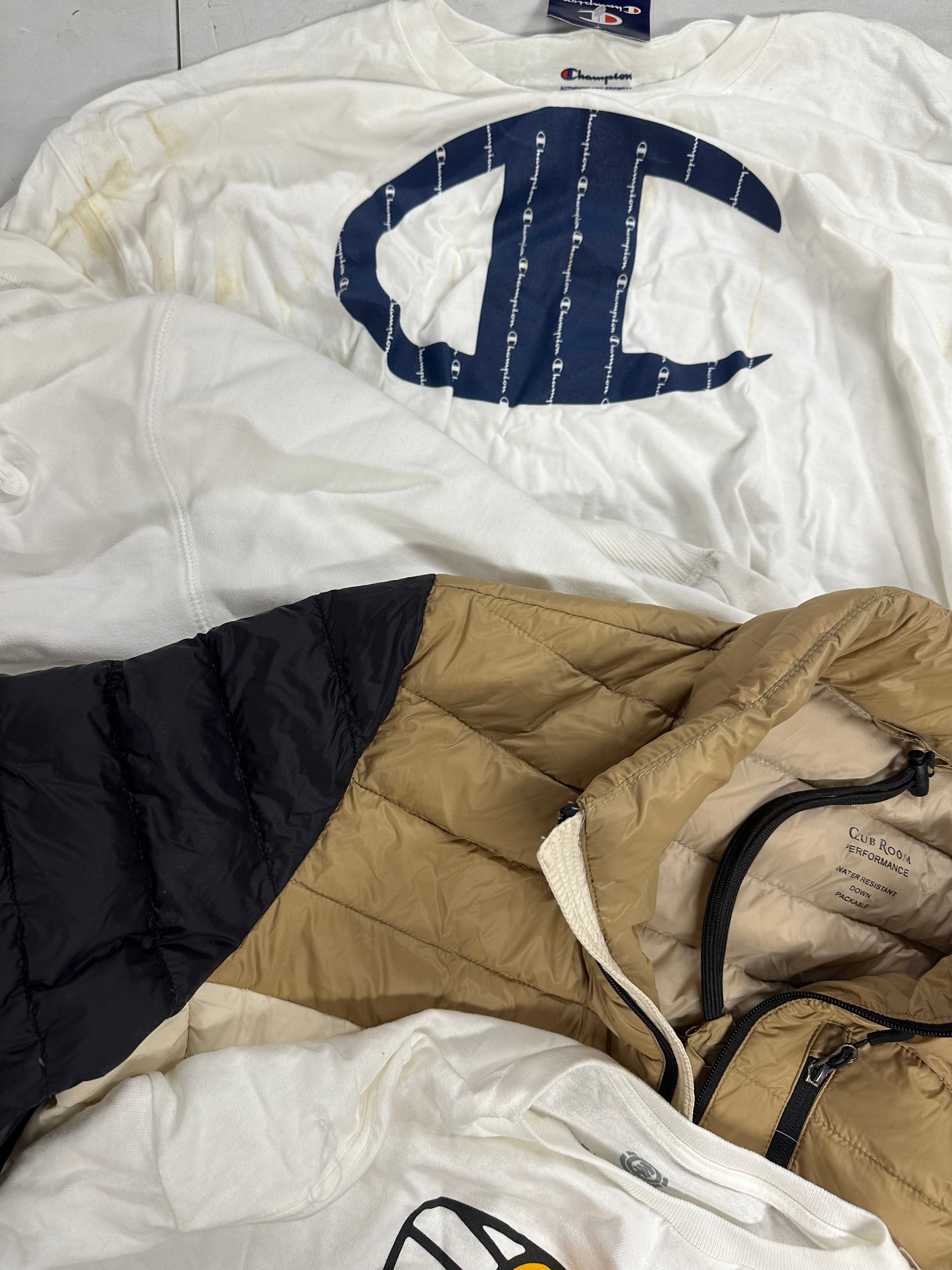 Men's Clothing Bottoms & Tops Wholesale Lot, ARMANI EXCHANGE, NIKE, CHAMPION, WEATHERPROOF, PGA TOUR, LUCKY BRAND and more, 9 items, CUSTOMER RETURNS, MSRP $527