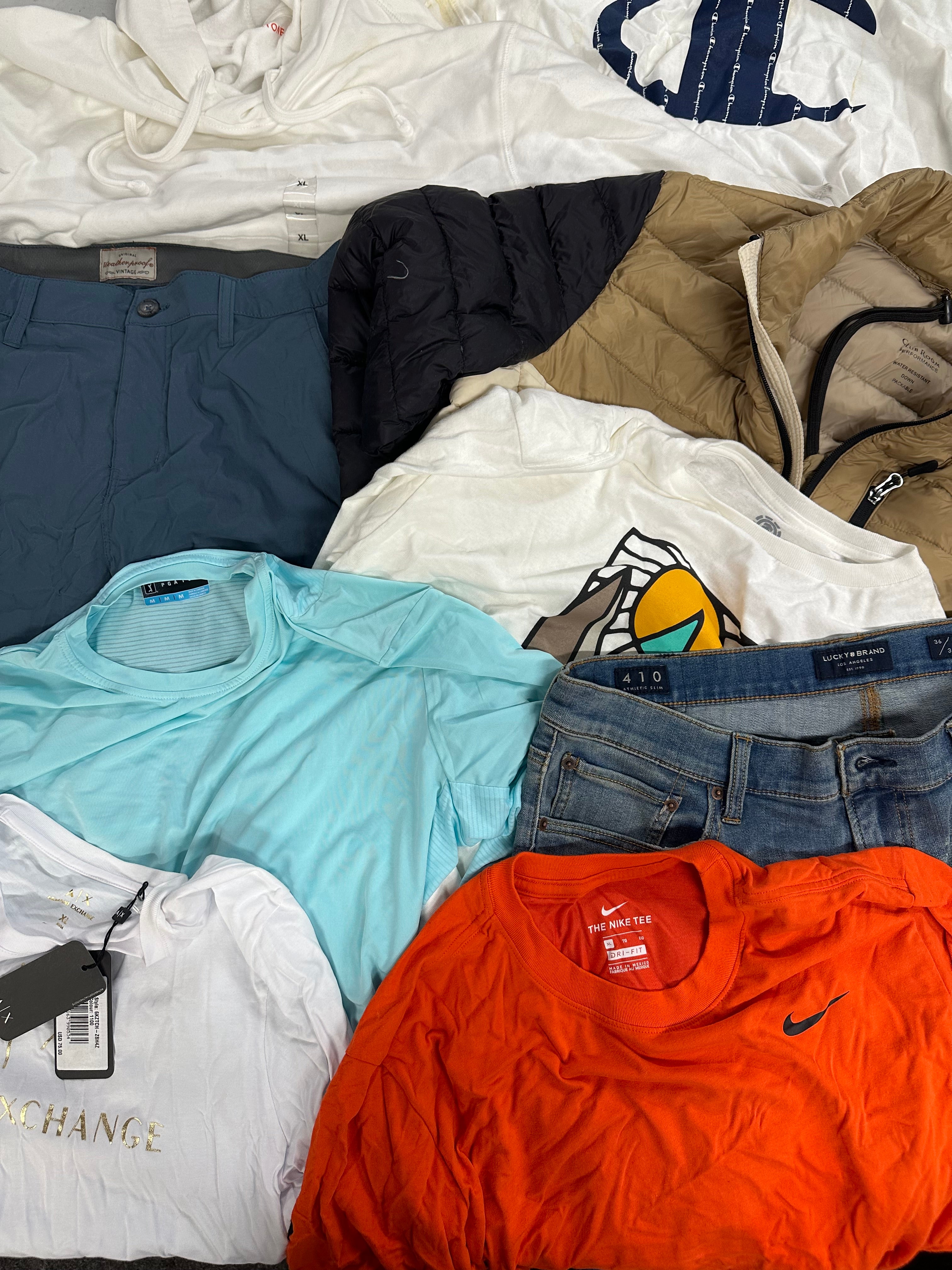 Men's Clothing Bottoms & Tops Wholesale Lot, ARMANI EXCHANGE, NIKE, CHAMPION, WEATHERPROOF, PGA TOUR, LUCKY BRAND and more, 9 items, CUSTOMER RETURNS, MSRP $527