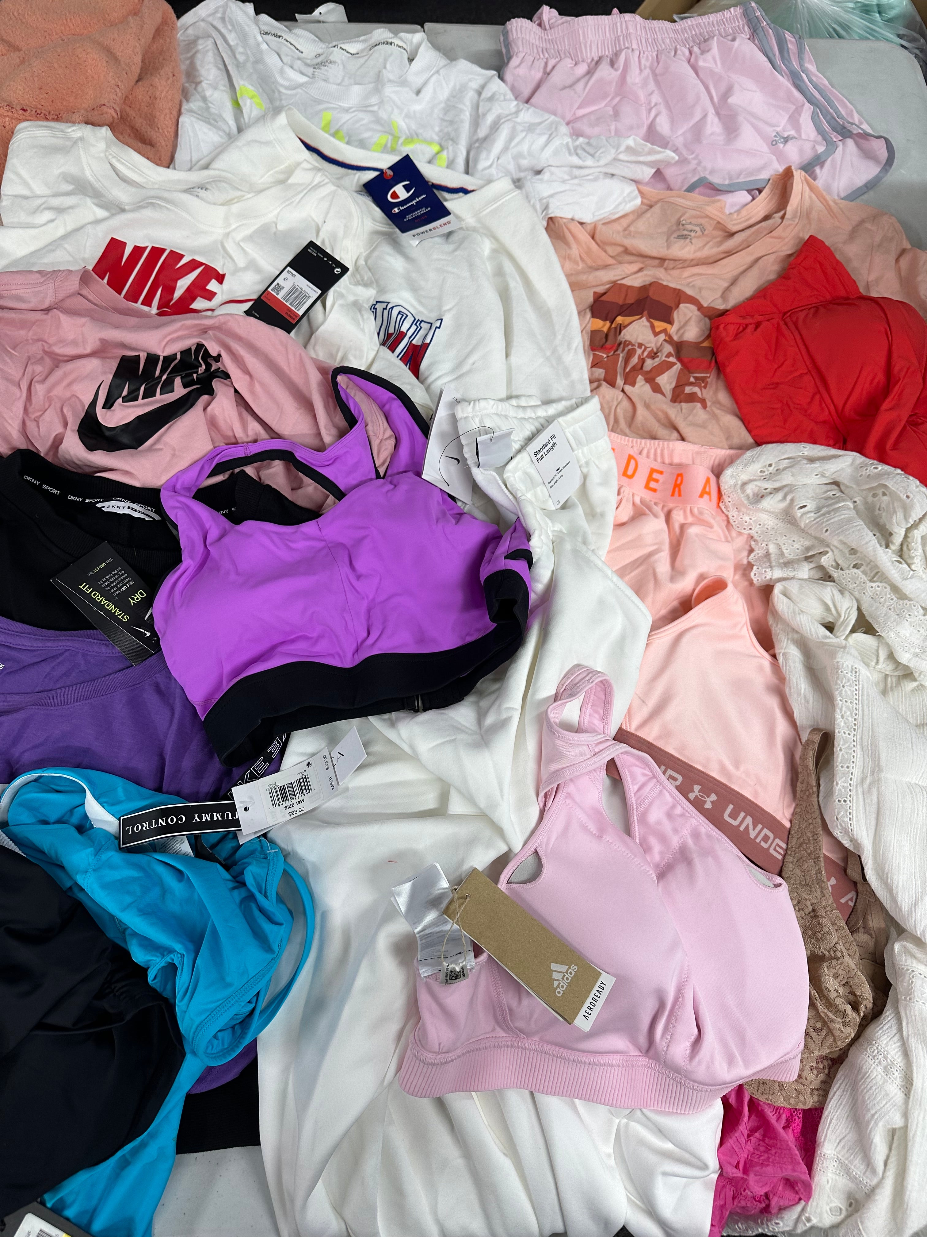 Women's Clothings Assorted, Wholesale Lot, ADIDAS, COLUMBIA, UNDER ARMOUR, FREE PEOPLE, CALVIN KLEIN, CHAMPION, NIKE, DKNY, ANNE COLE COLLECTION, FREE PEOPLE, LA BLANCA and more, 21 items, CUSTOMER RETURNS
