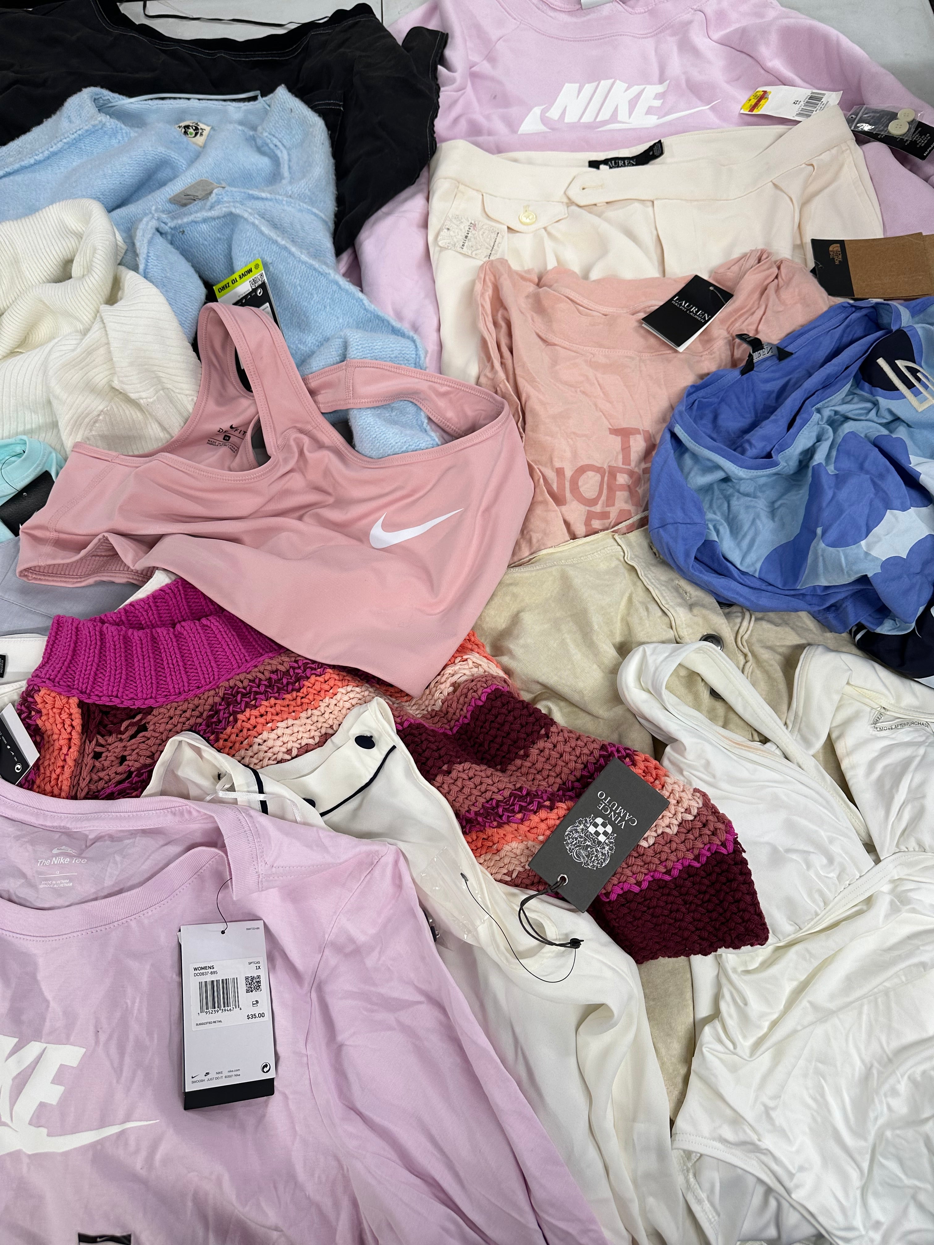 Women's Clothings Assorted Wholesale Lot, NIKE, NORTH FACE, POLO RALPH LAUREN, FREE PEOPLE, VINCE CAMUTO and more, 17 items, CUSTOMER RETURNS