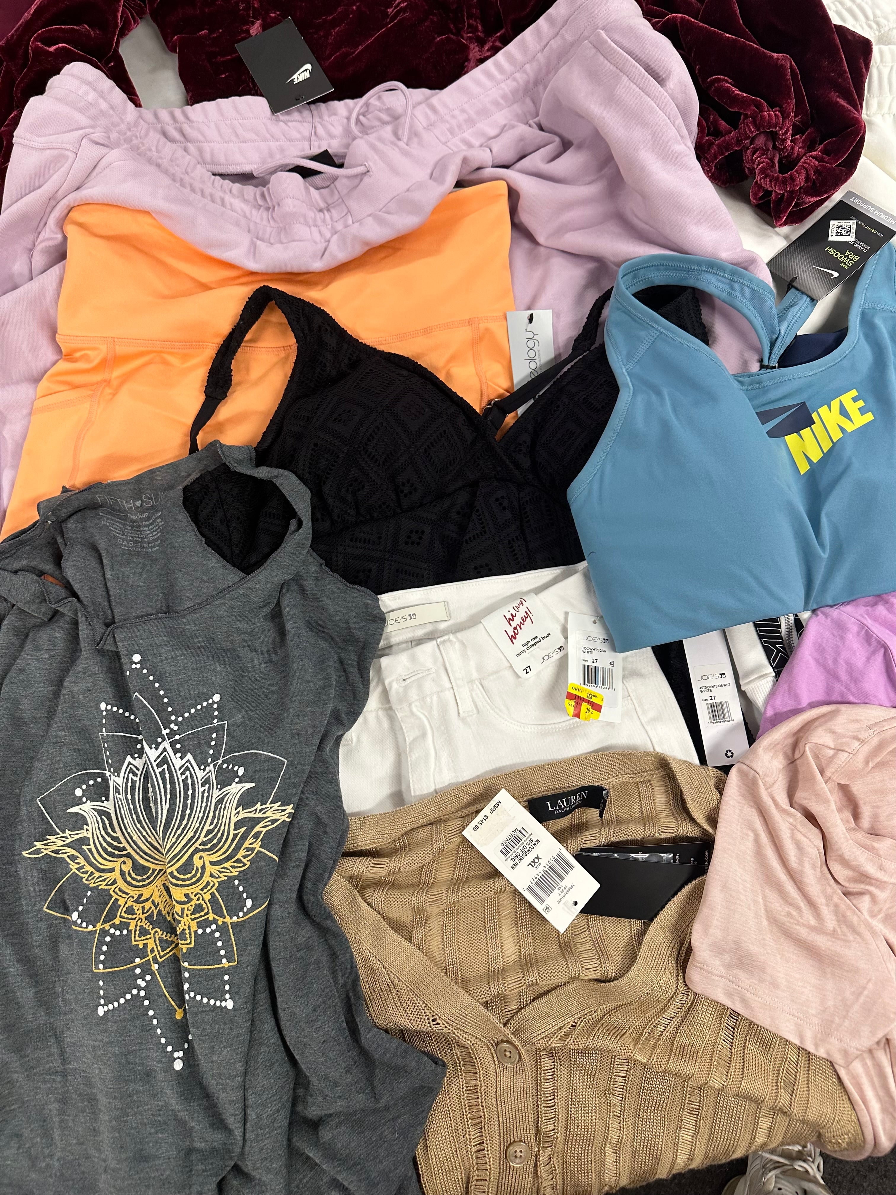 Women's Clothing Assorted Wholesale Lot, JOE'S JEANS, UNDER ARMOUR, POLO RALPH LAUREN, DKNY, FREE PEOPLE, NIKE and more, 14 items, CUSTOMER RETURNS