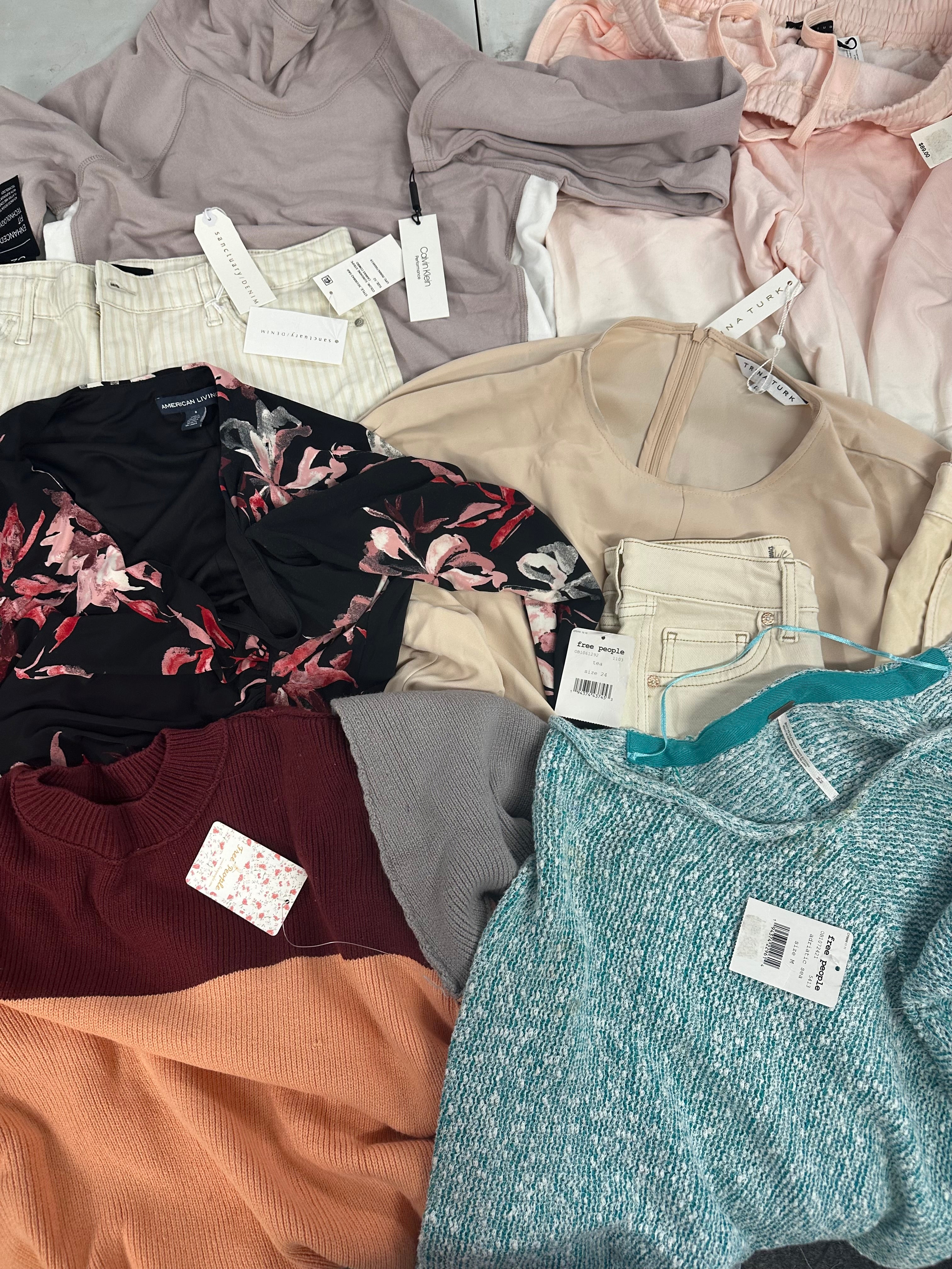 Women's Clothings Assorted Wholesale Lot, CALVIN KLEIN, TRINA TURK, FREE PEOPLE, SANCTUARY and more, 9 items, CUSTOMER RETURNS