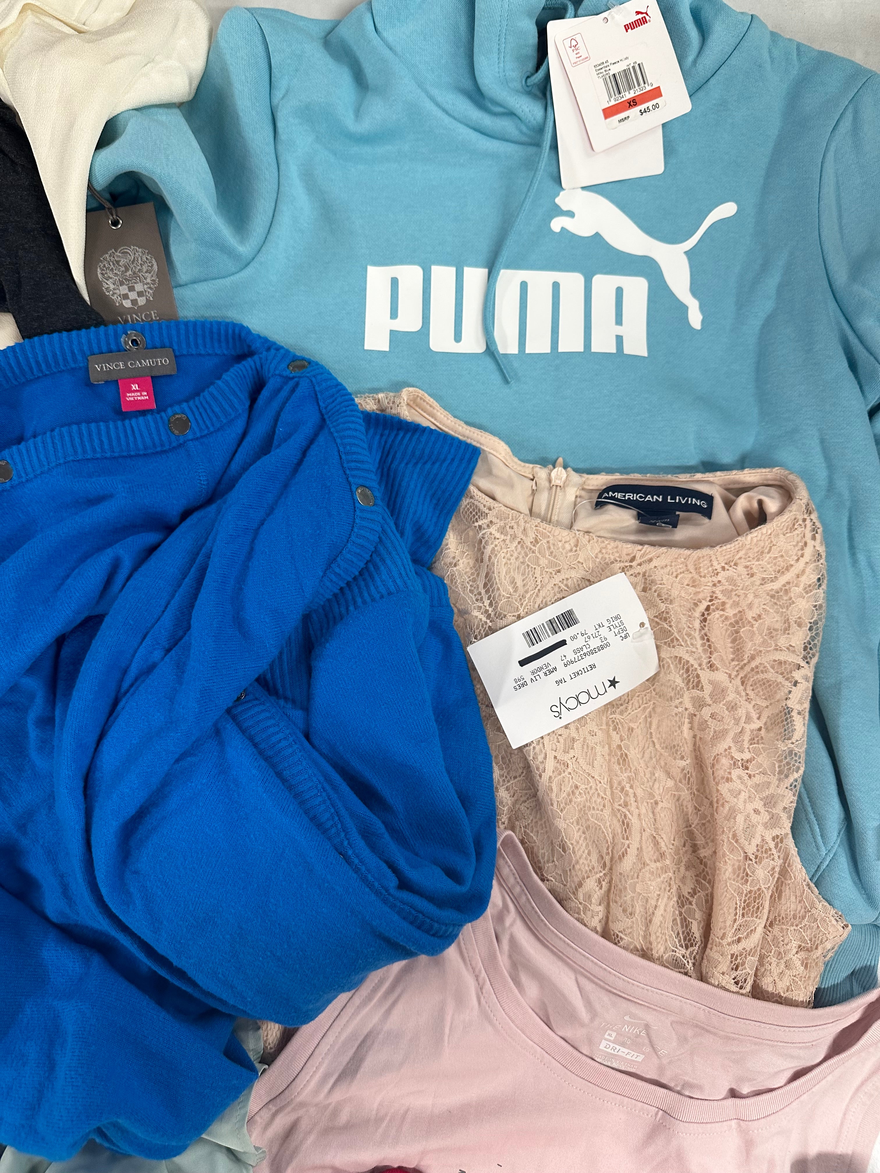Women's Clothings Assorted Wholesale Lot, PUMA, ADIDAS, FREE PEOPLE, CHAMPION, VINCE CAMUTO and more, 15 items, CUSTOMER RETURNS