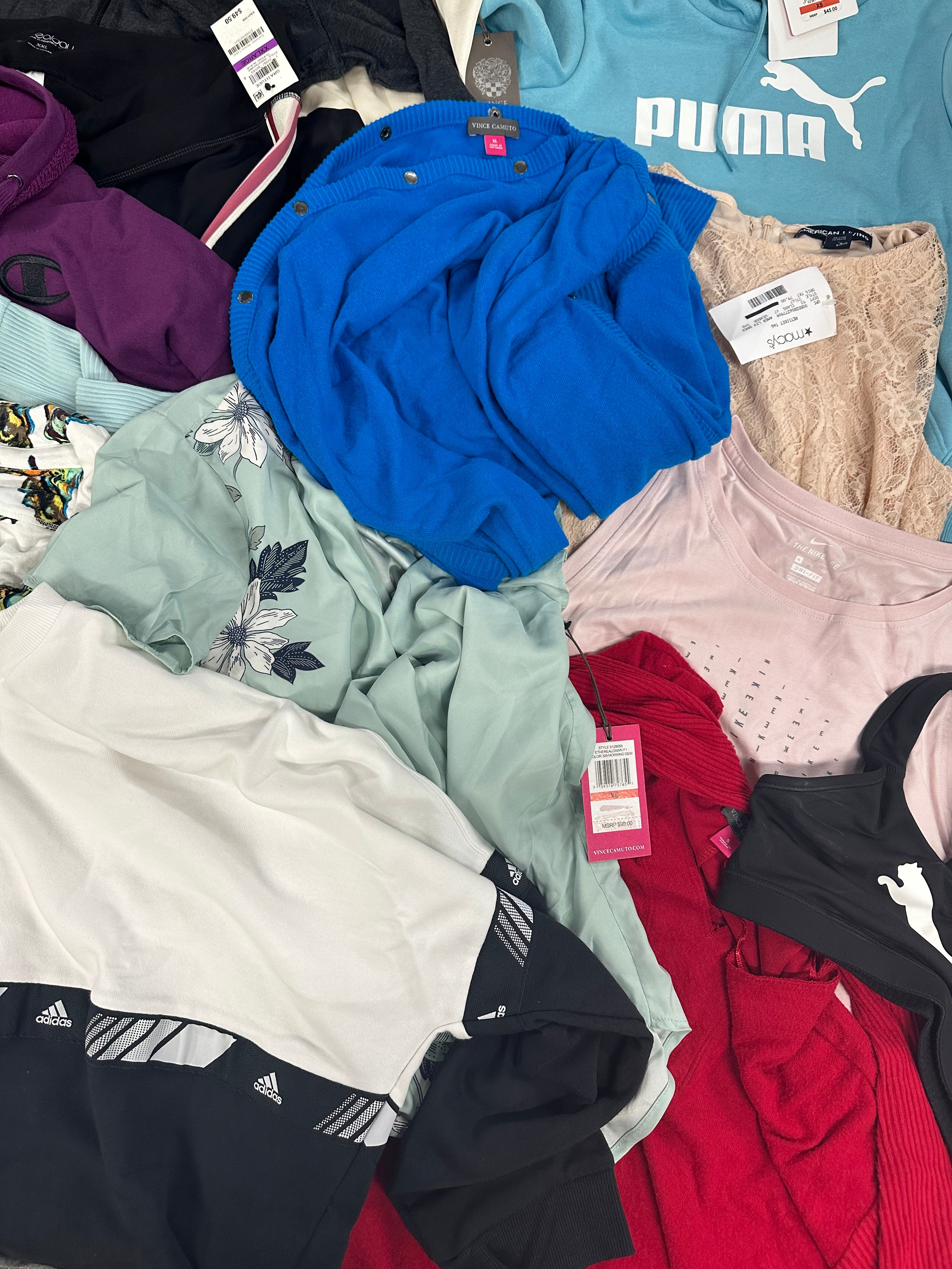 Women's Clothings Assorted Wholesale Lot, PUMA, ADIDAS, FREE PEOPLE, CHAMPION, VINCE CAMUTO and more, 15 items, CUSTOMER RETURNS