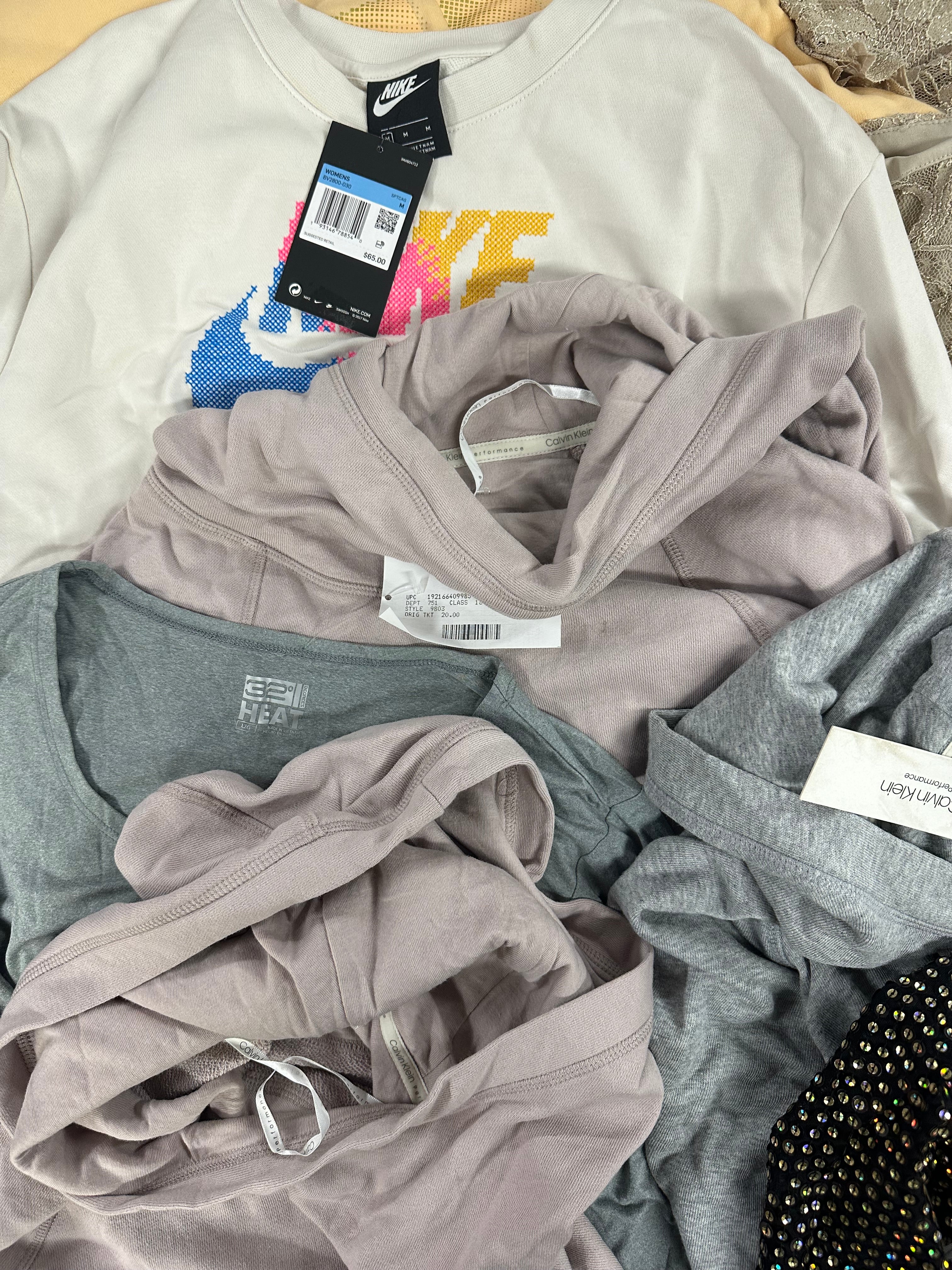 Women's Clothings Assorted Wholesale Lot, GUESS, CALVIN KLEIN, CHAMPION, ADIDAS, NIKE, 32 DEGREES and more, 13 items, CUSTOMER RETURNS