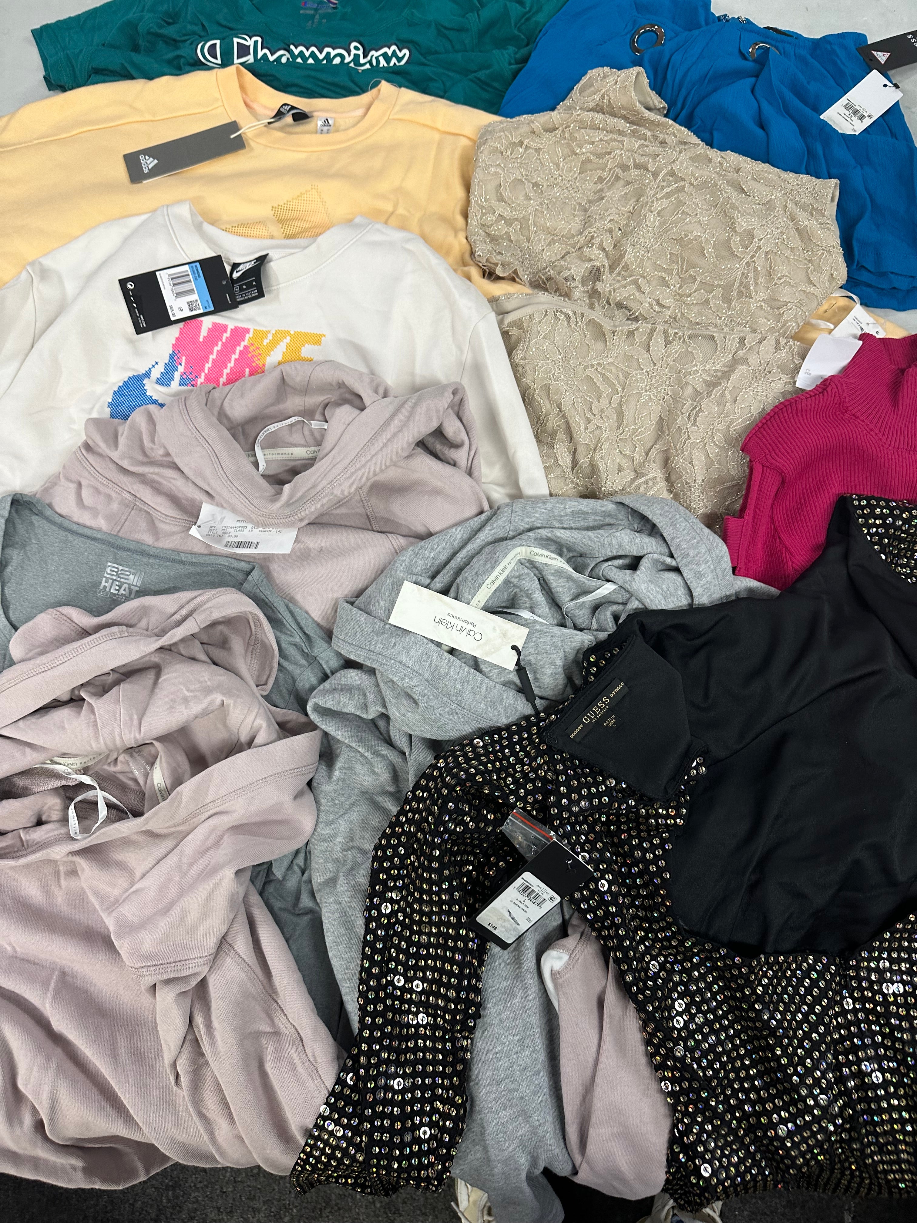 Women's Clothings Assorted Wholesale Lot, GUESS, CALVIN KLEIN, CHAMPION, ADIDAS, NIKE, 32 DEGREES and more, 13 items, CUSTOMER RETURNS