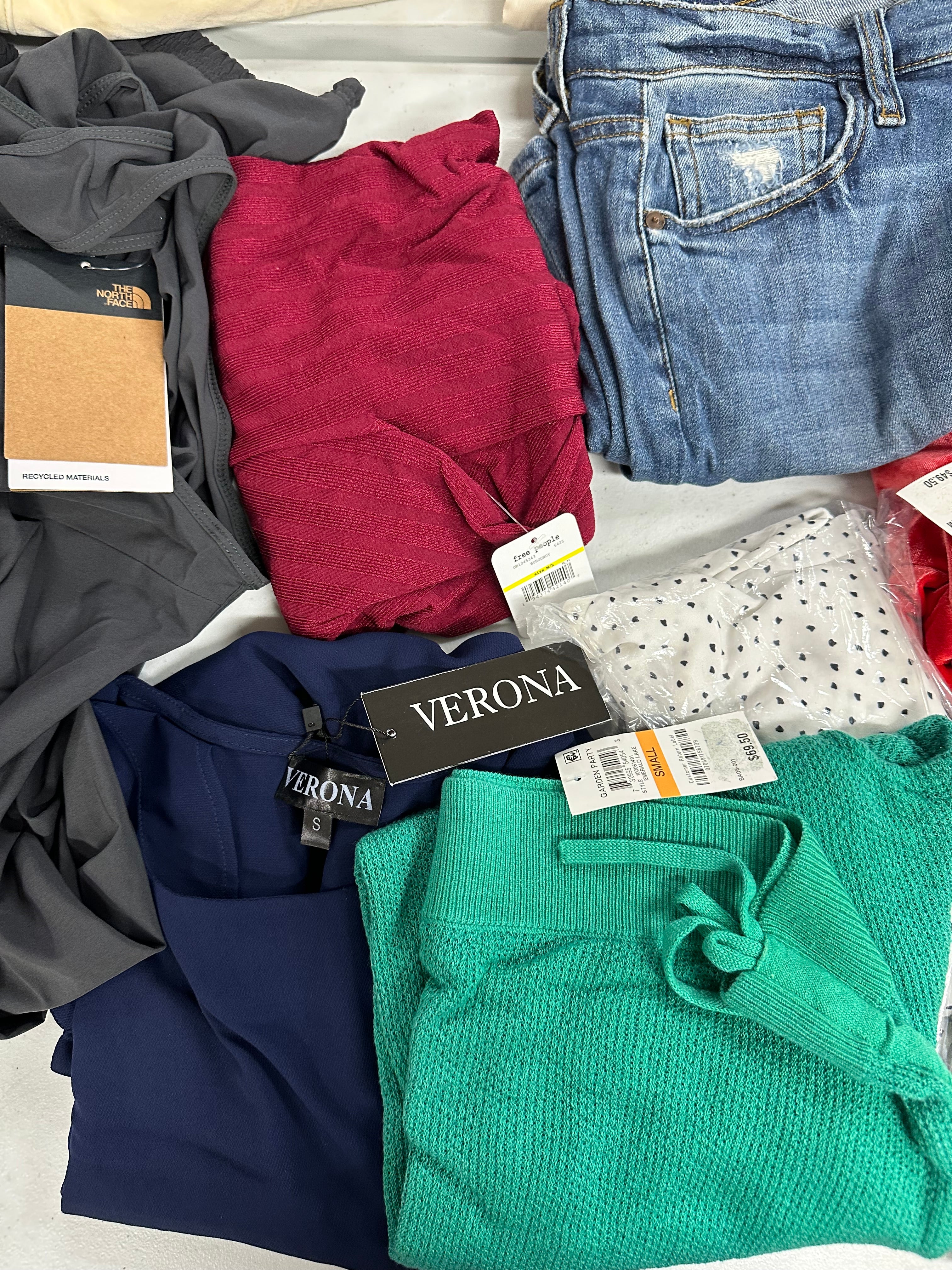 Women's Clothings Assorted Wholesale Lot, JOE'S JEANS, DL1961, CALVIN KLEIN, NORTH FACE, FREE PEOPLE, VERONA and more, 13 items, CUSTOMER RETURNS