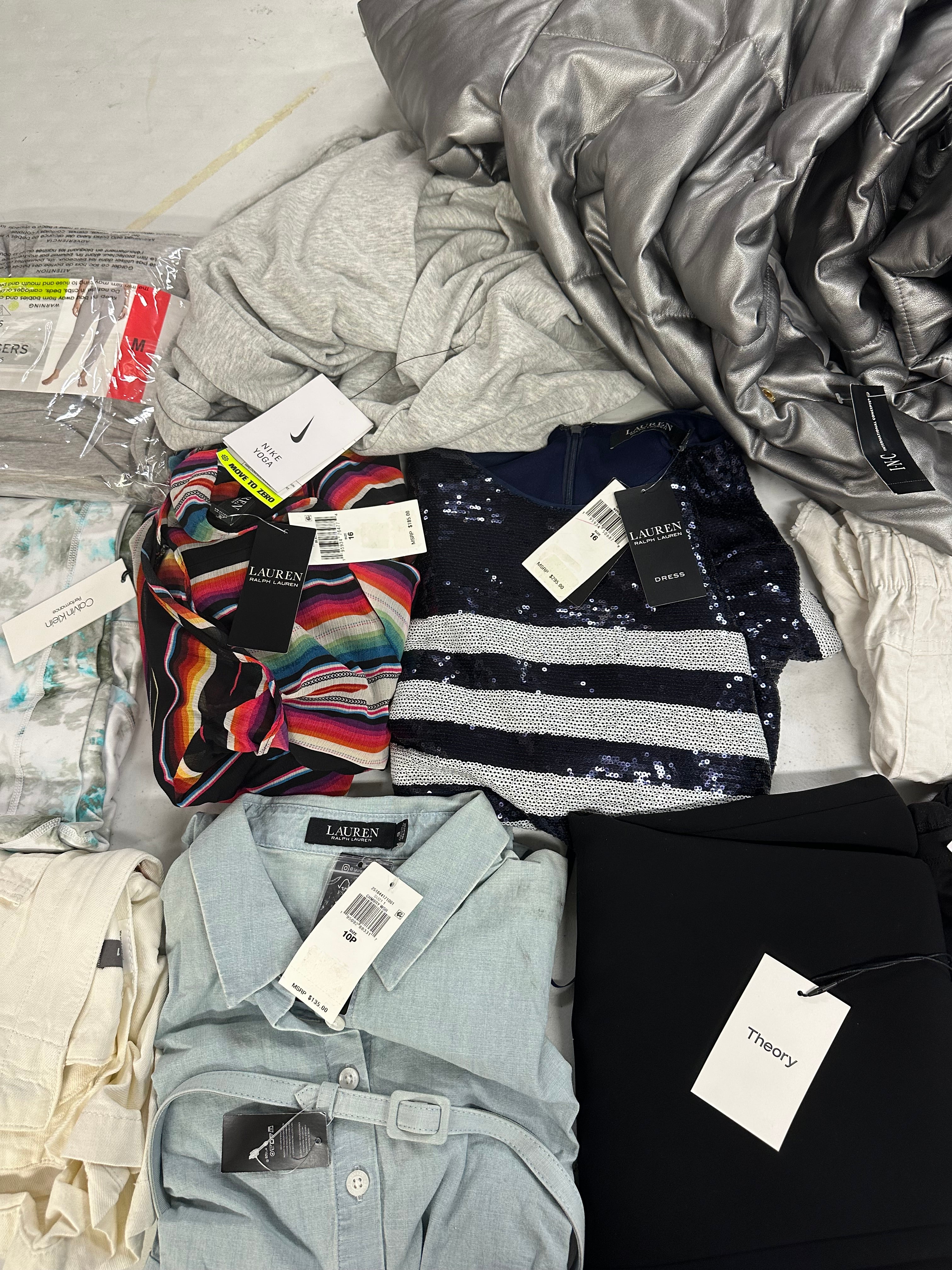 Women's Clothing Assorted Wholesale Lot, THEORY, DL1961, POLO RALPH LAUREN, NIKE, FRAYED, EDDIE BAUER and more, 11 items, CUSTOMER RETURNS