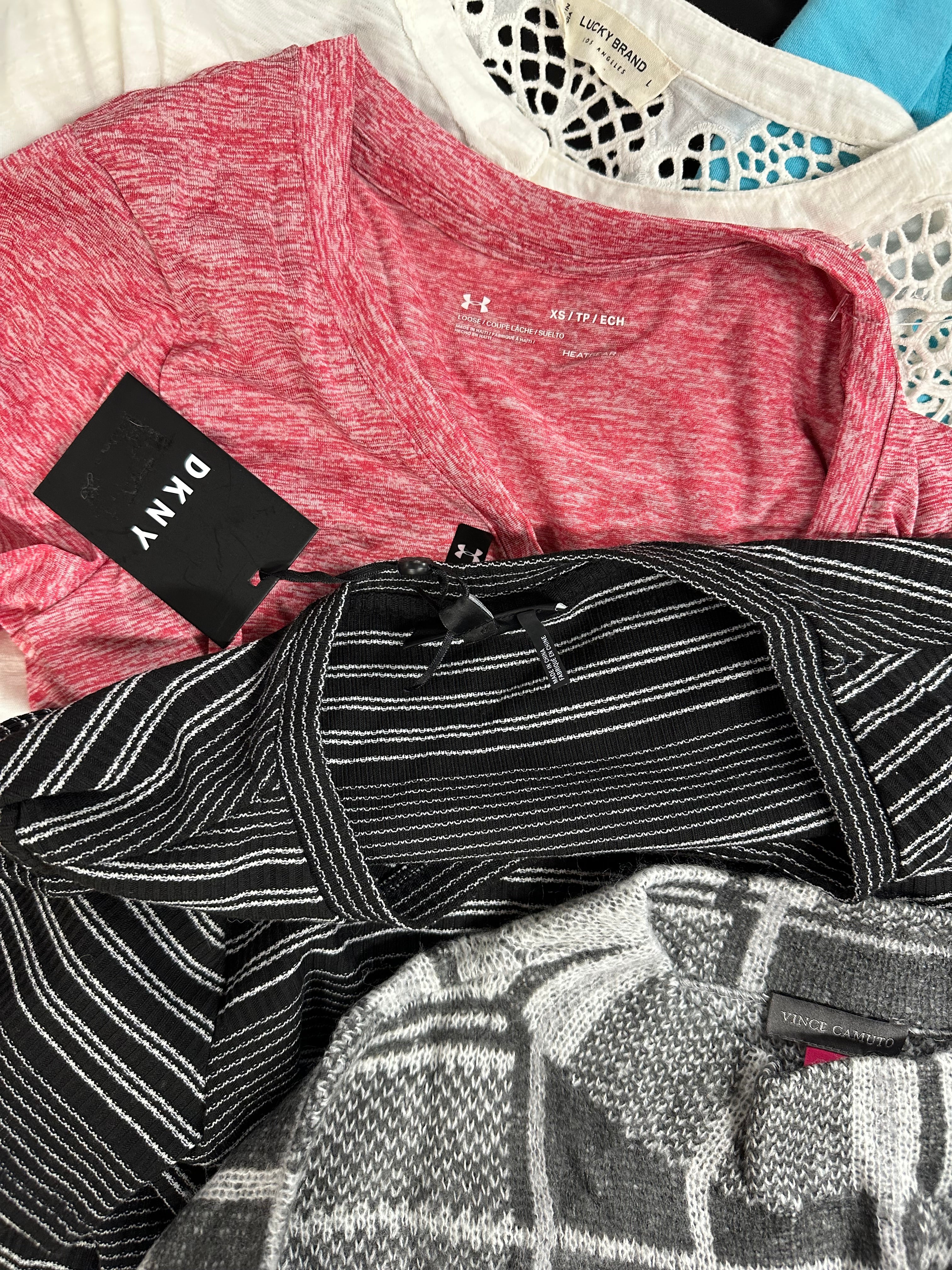 Women's Clothing Tops Wholesale Lot, LUCKY BRAND, TOMMY HILFIGER, ADIDAS, DKNY, LEGENDARY, UNDER ARMOUR and more, 21 items, Shelf Pulls, MSRP $1,361