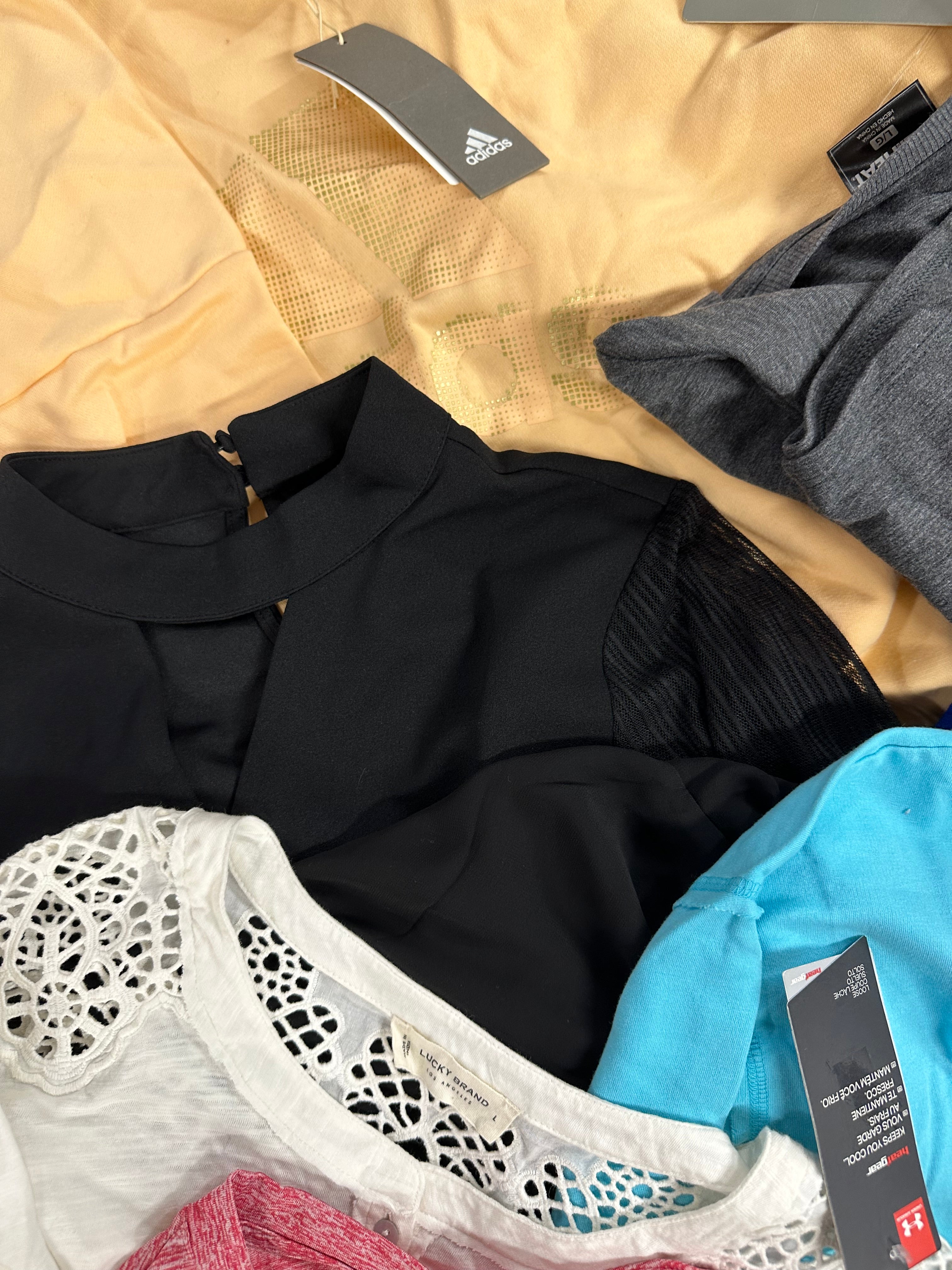 Women's Clothing Tops Wholesale Lot, LUCKY BRAND, TOMMY HILFIGER, ADIDAS, DKNY, LEGENDARY, UNDER ARMOUR and more, 21 items, Shelf Pulls, MSRP $1,361